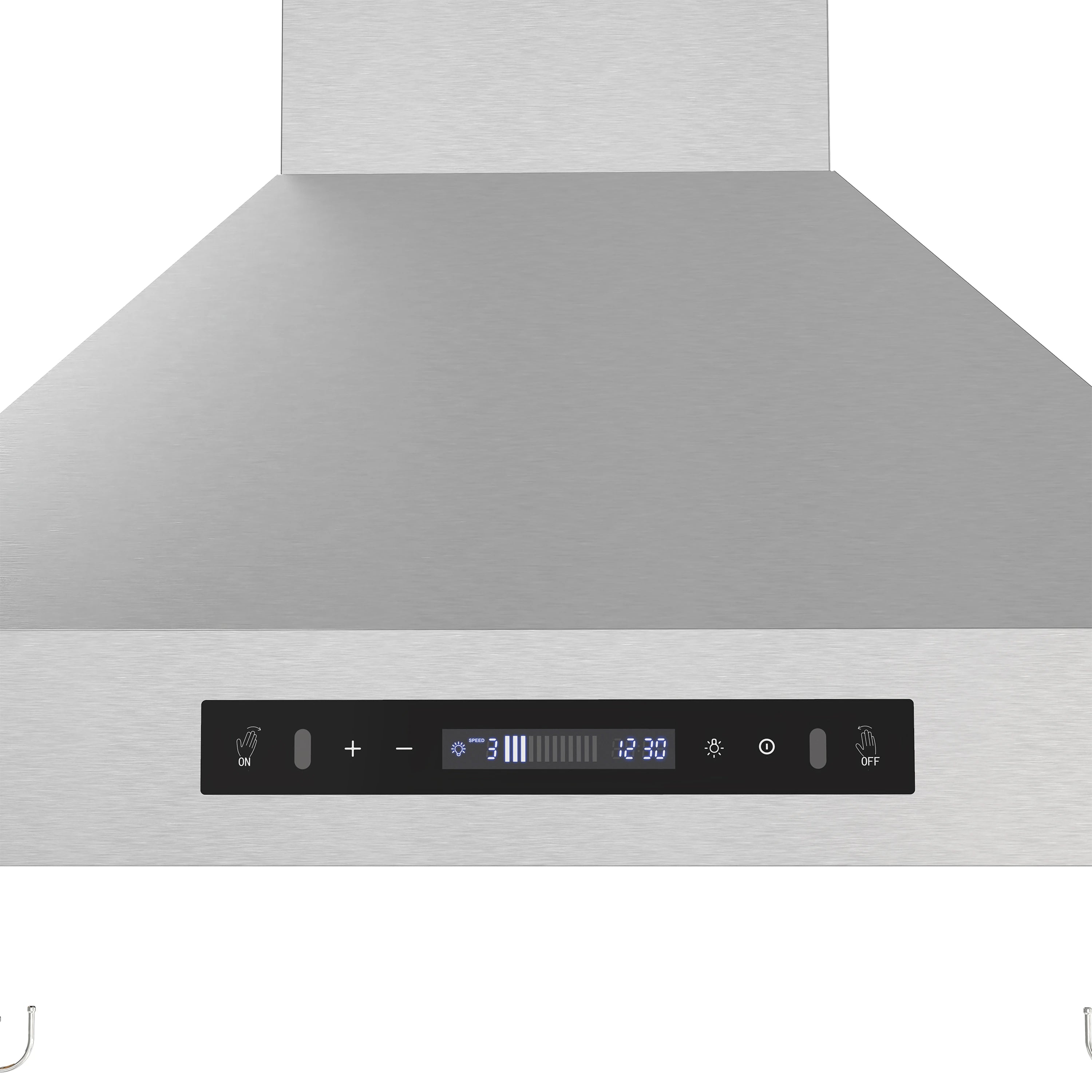 Stainless steel range hood control panel with digital display and buttons