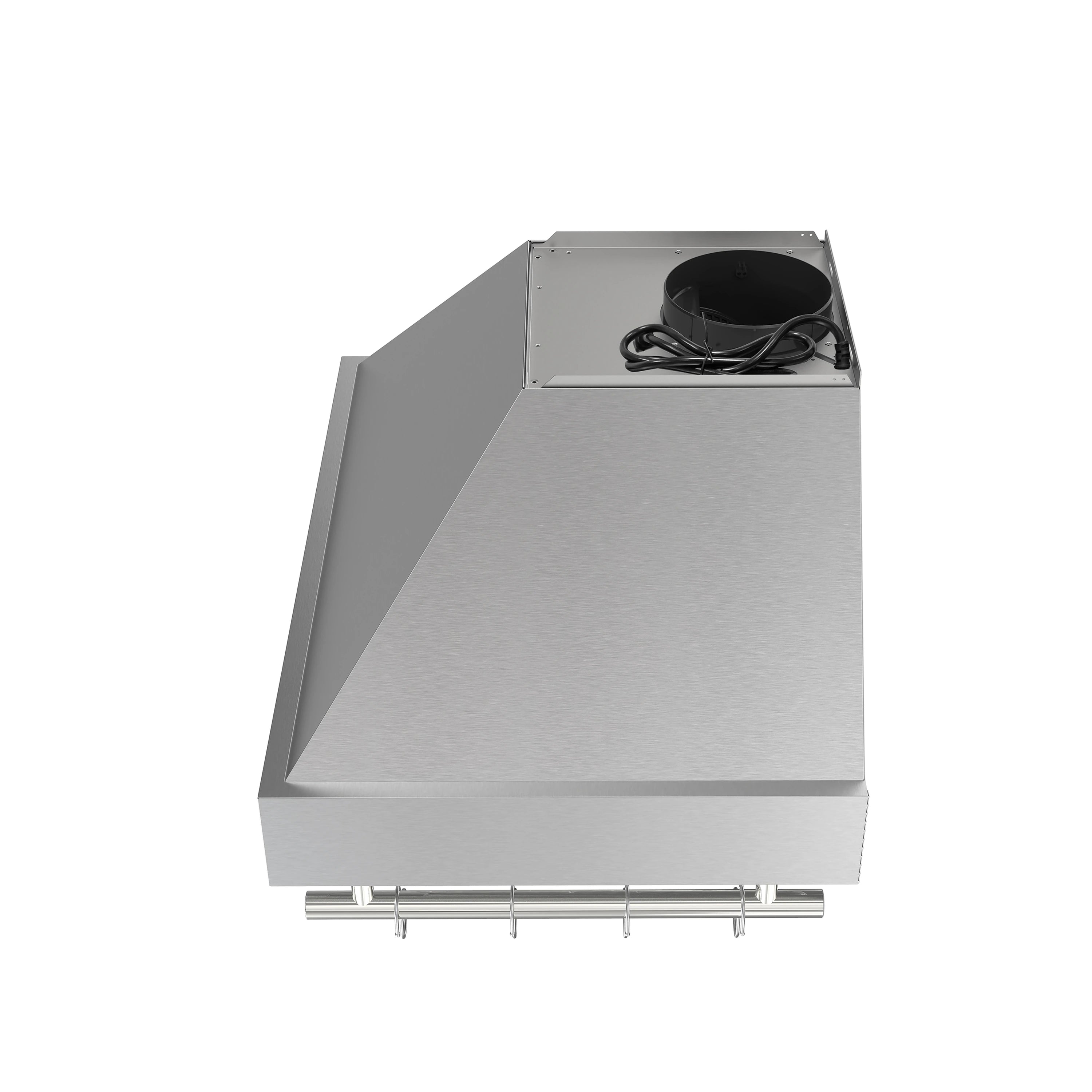 Stainless steel range hood interior with exhaust fan and wiring compartment