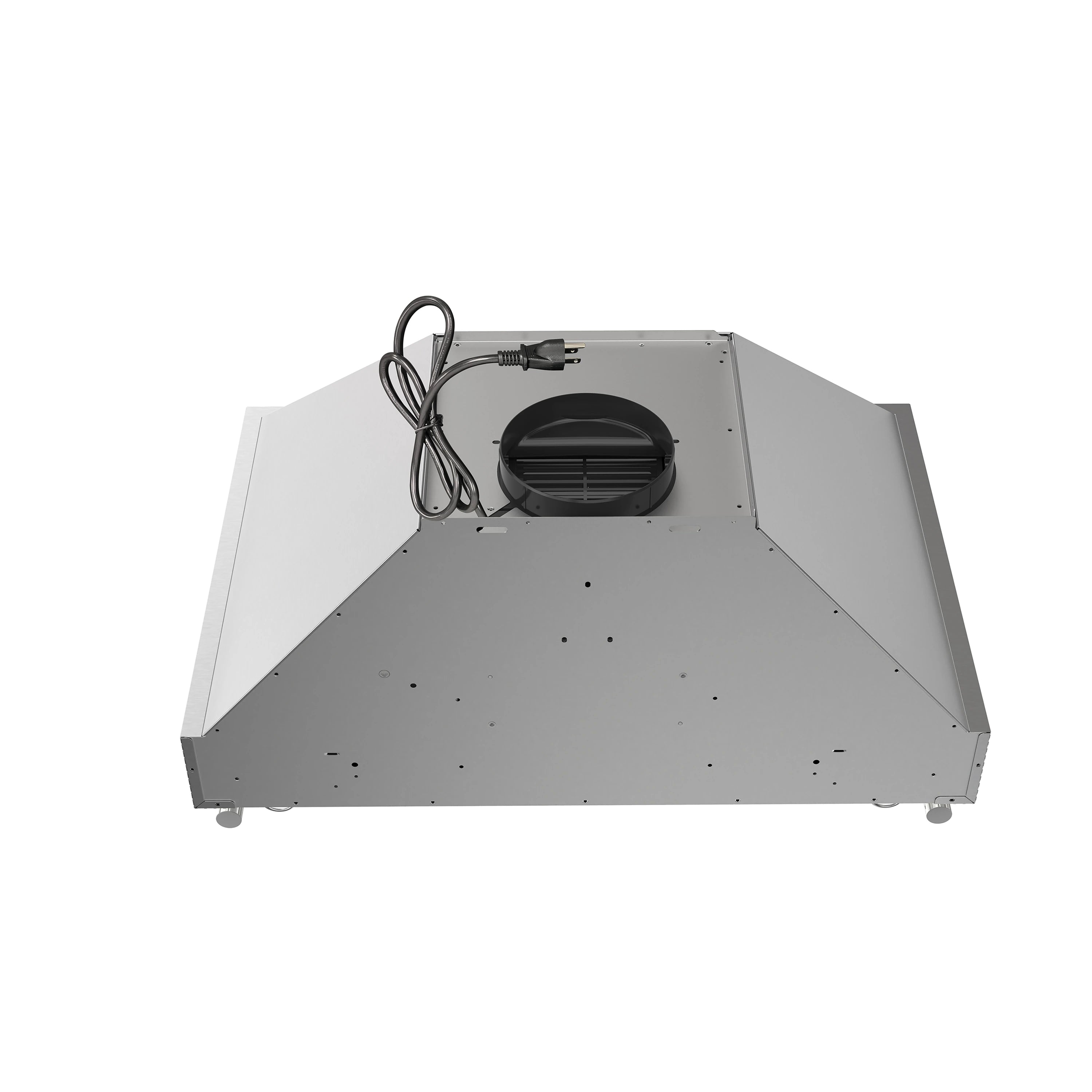 Stainless steel range hood underside with power cord and fan housing