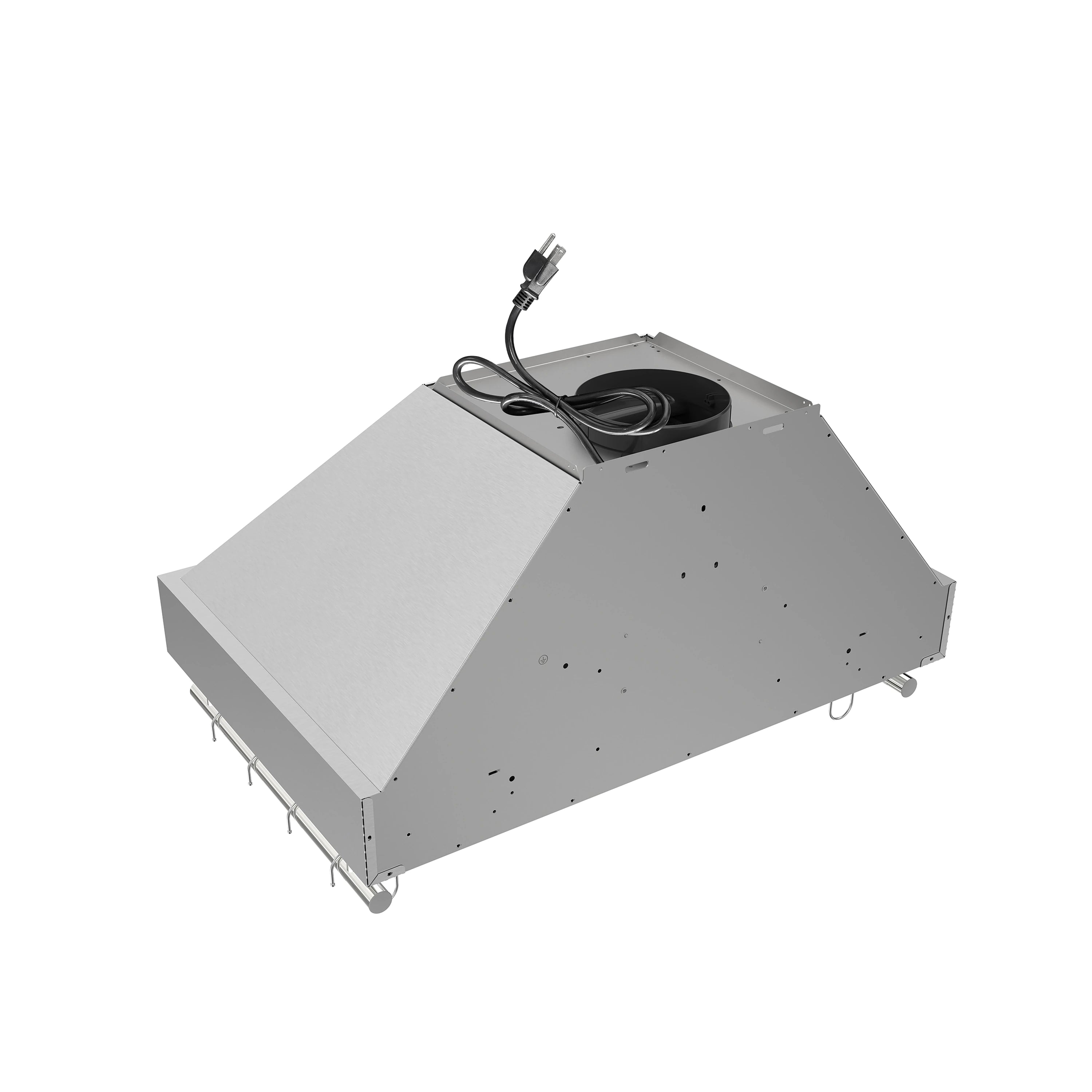 Stainless steel range hood housing with side access panel and fan motor