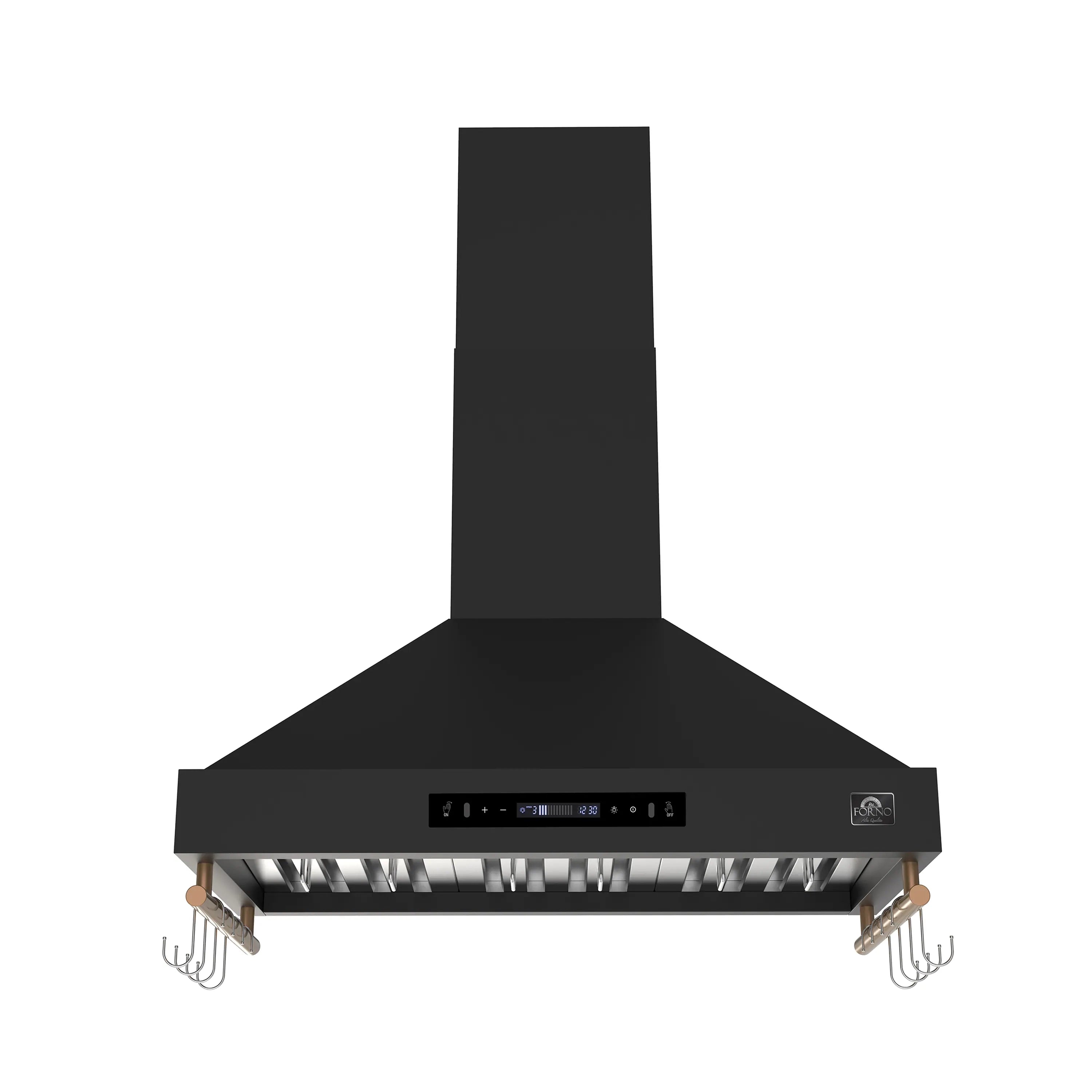 Black wall range hood with push-button control strip and antique brass trim