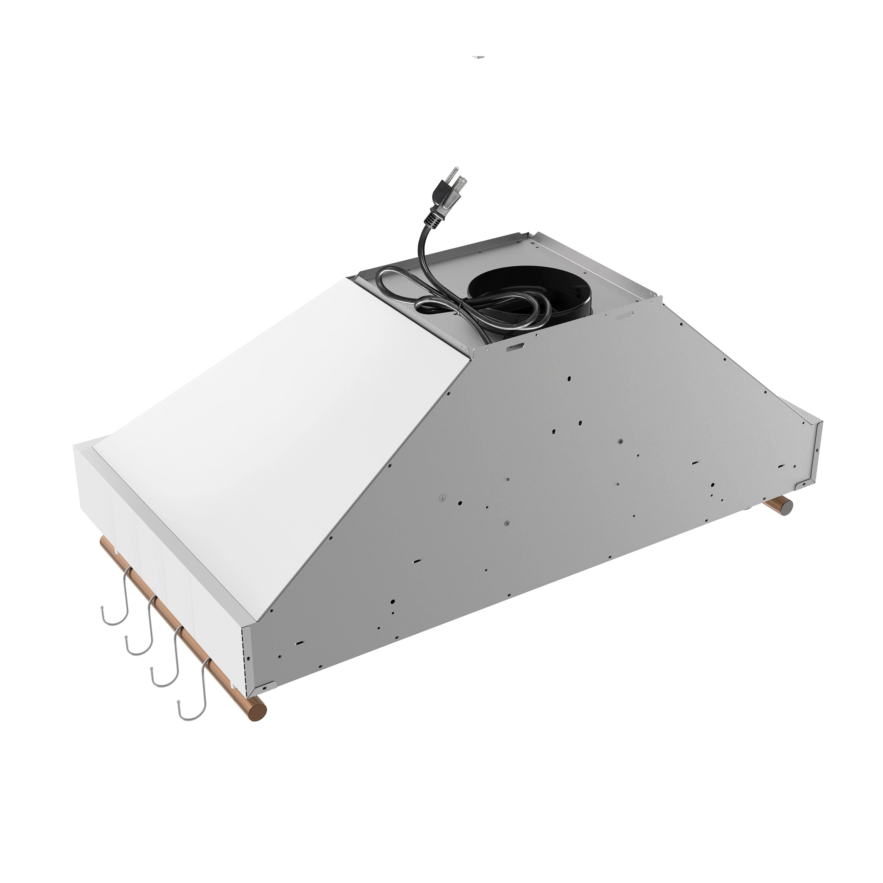 White range hood base with blower and power cord visible, brass corner accents