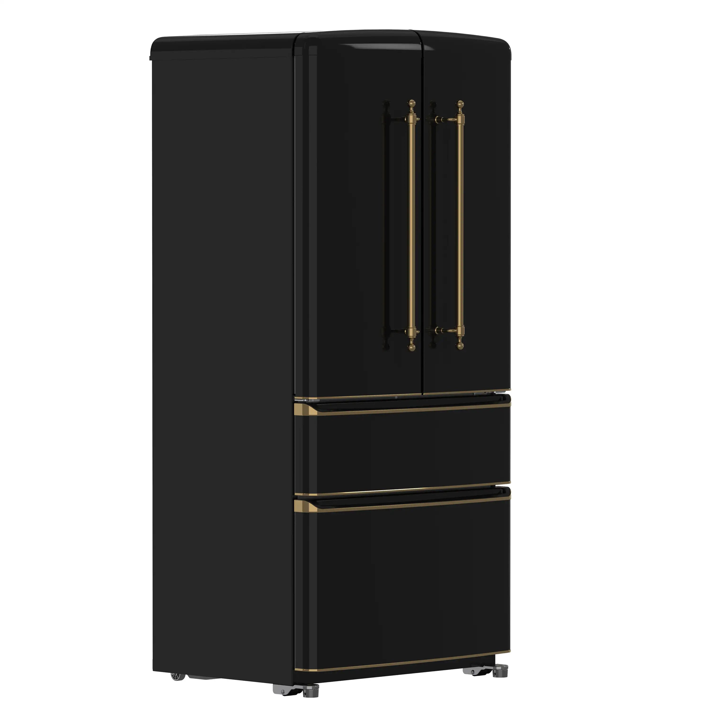 Black French door refrigerator with antique brass vertical handles