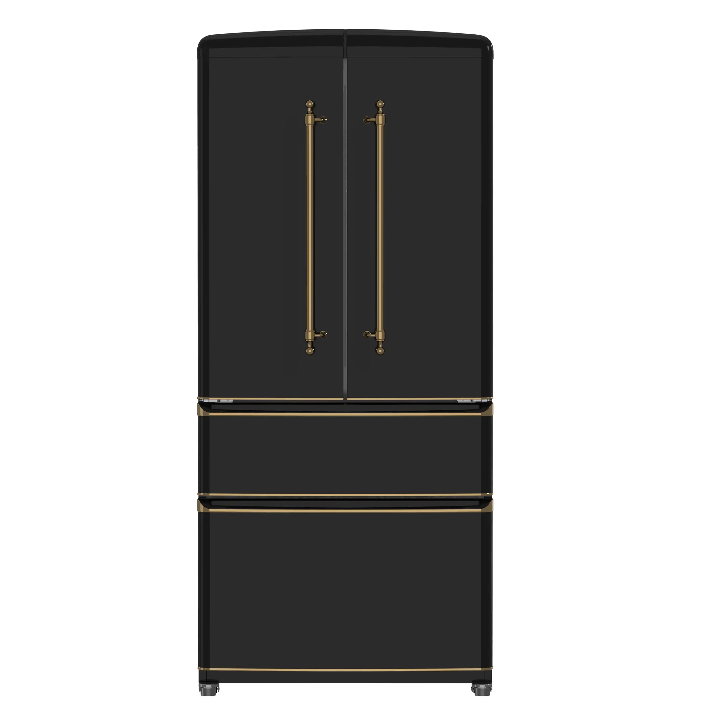 Black French door refrigerator with antique brass vertical handles and bottom freezer