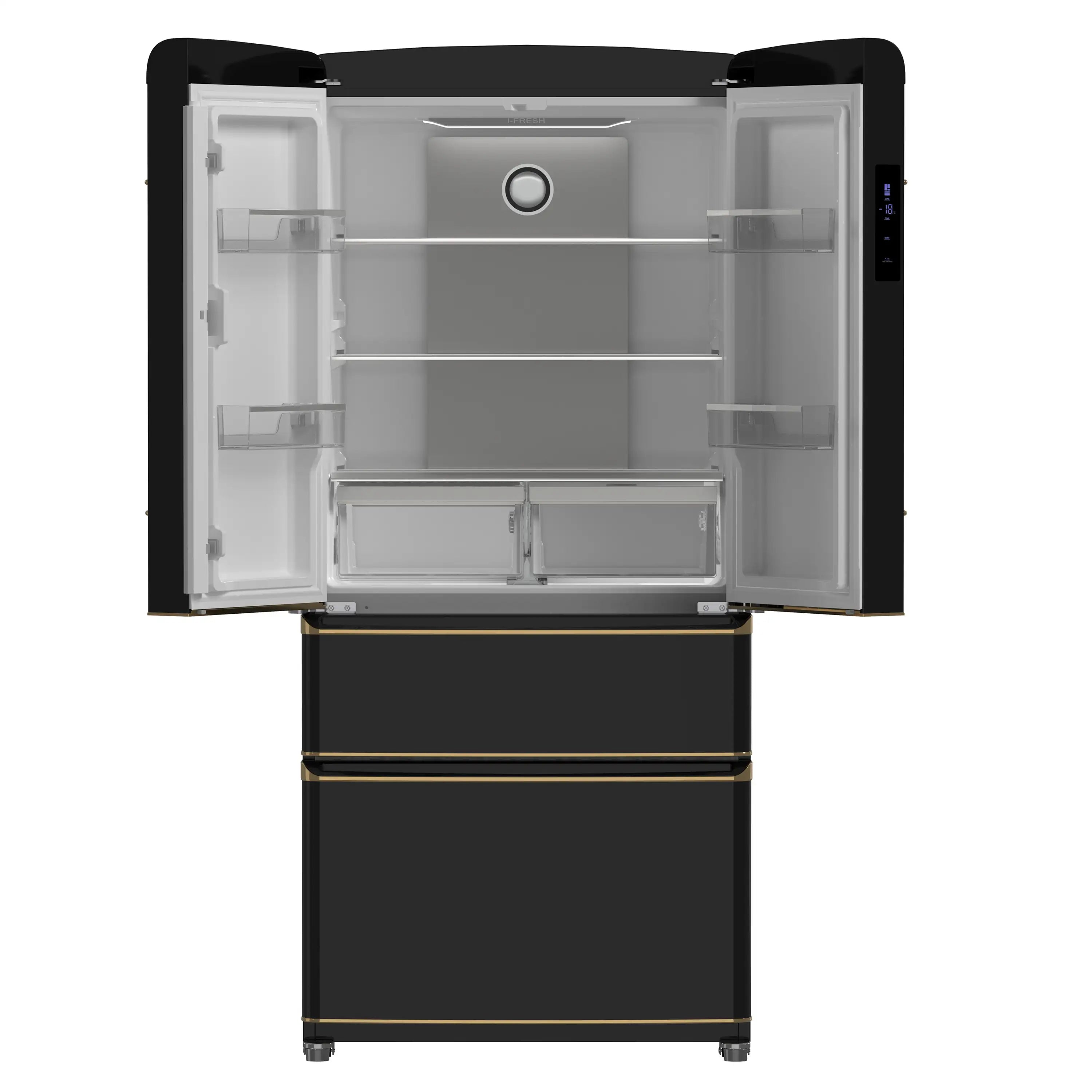 Black French door refrigerator with doors open, showing shelves and freezer drawer