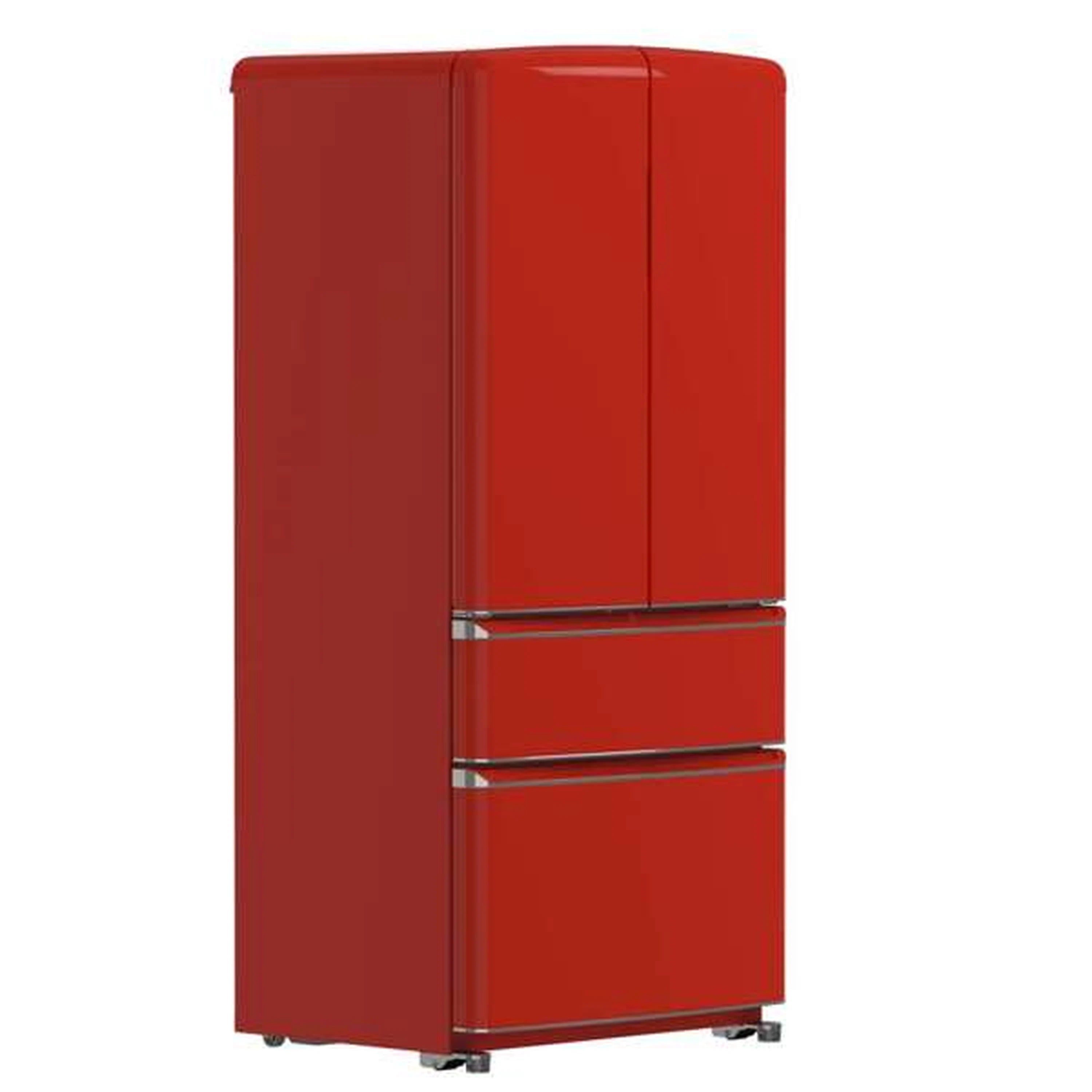 Red refrigerator front view with double top doors and lower freezer drawers.