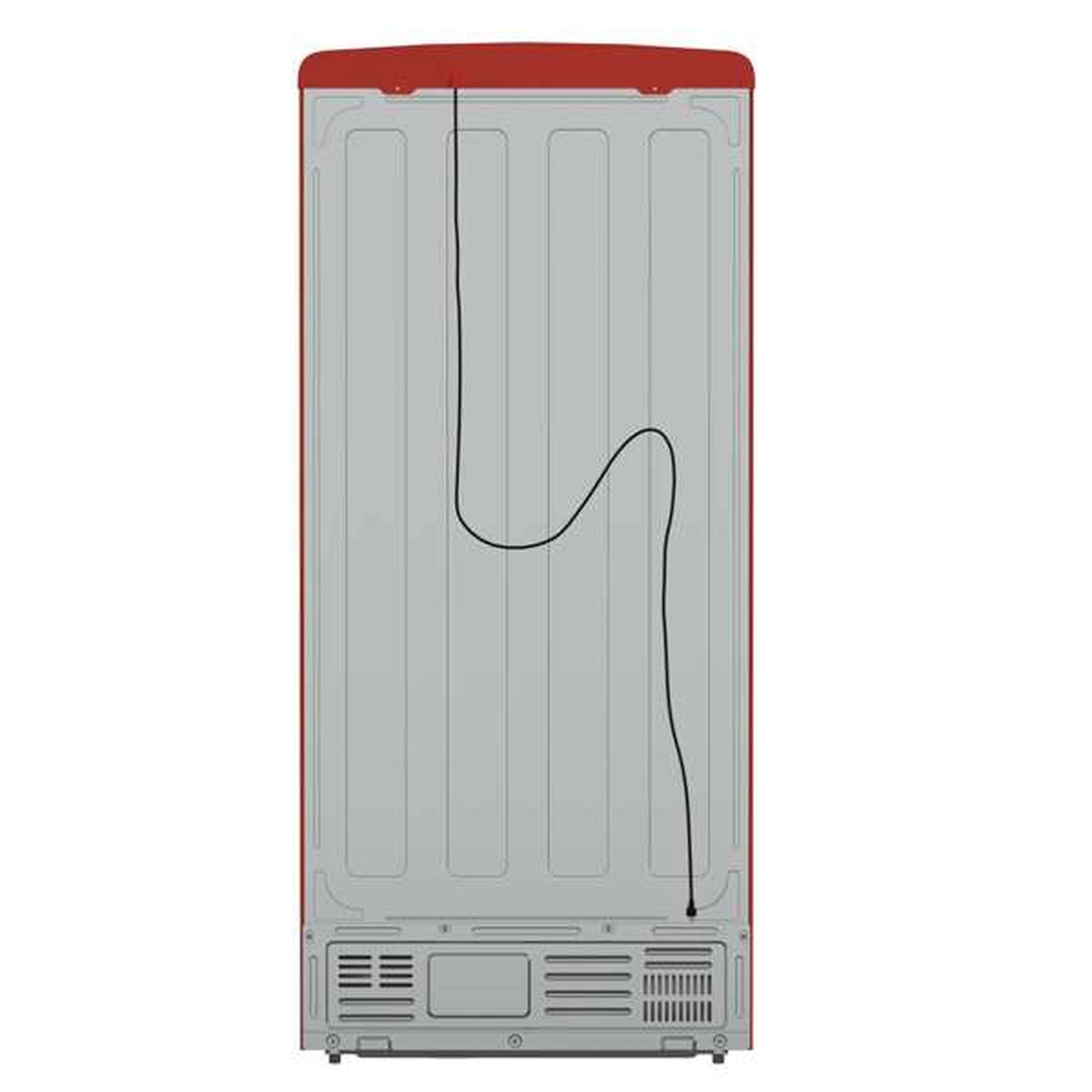 Red refrigerator back panel with vent grilles and attached power cord