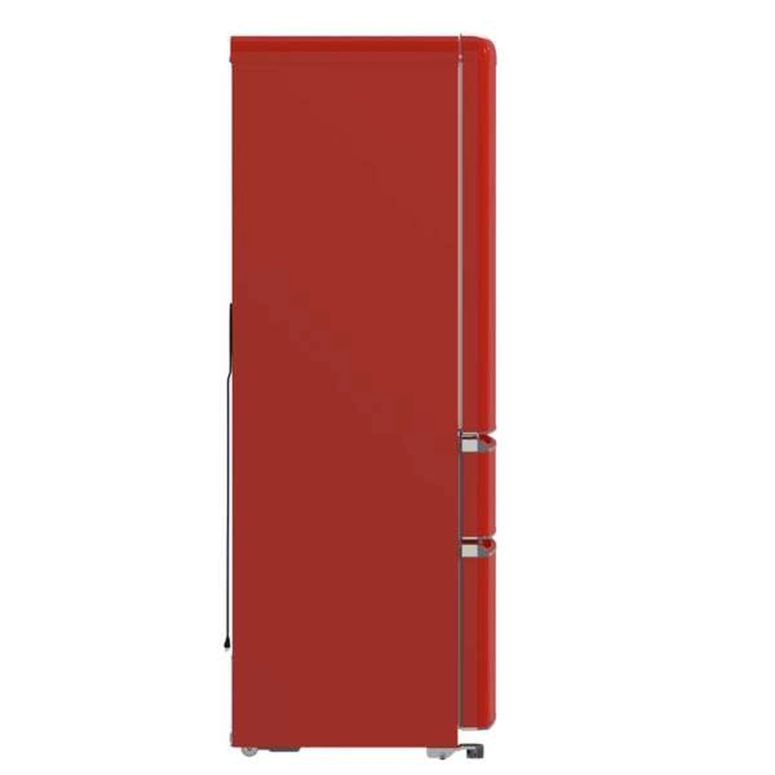 Red French door refrigerator with top doors and bottom freezer section, side view.