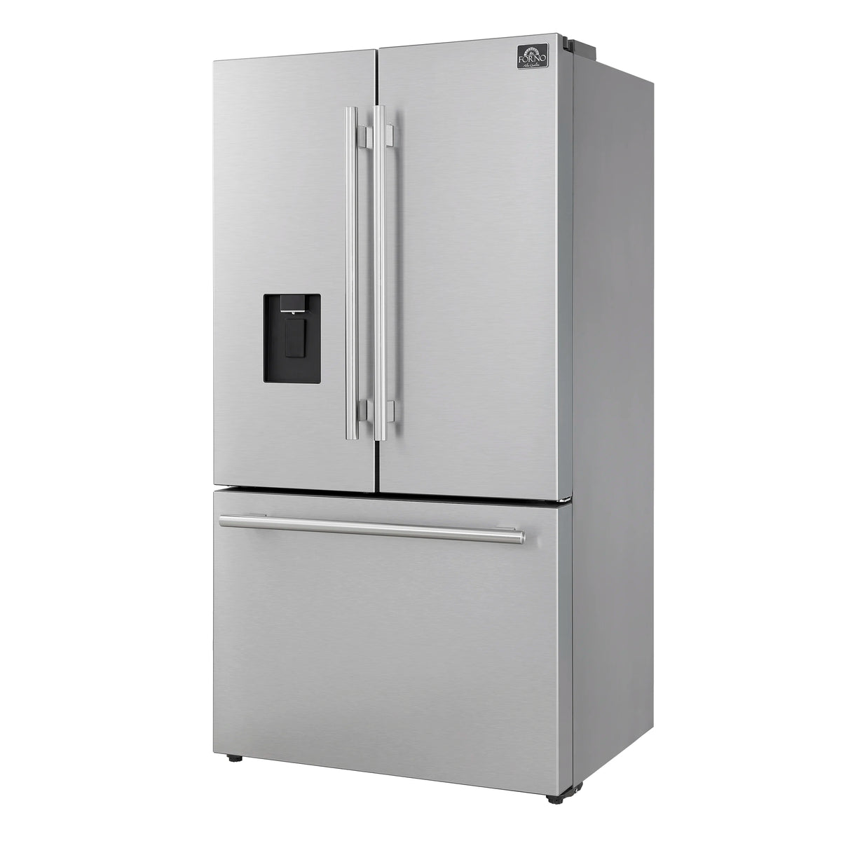 Stainless steel French door refrigerator with external water and ice dispenser