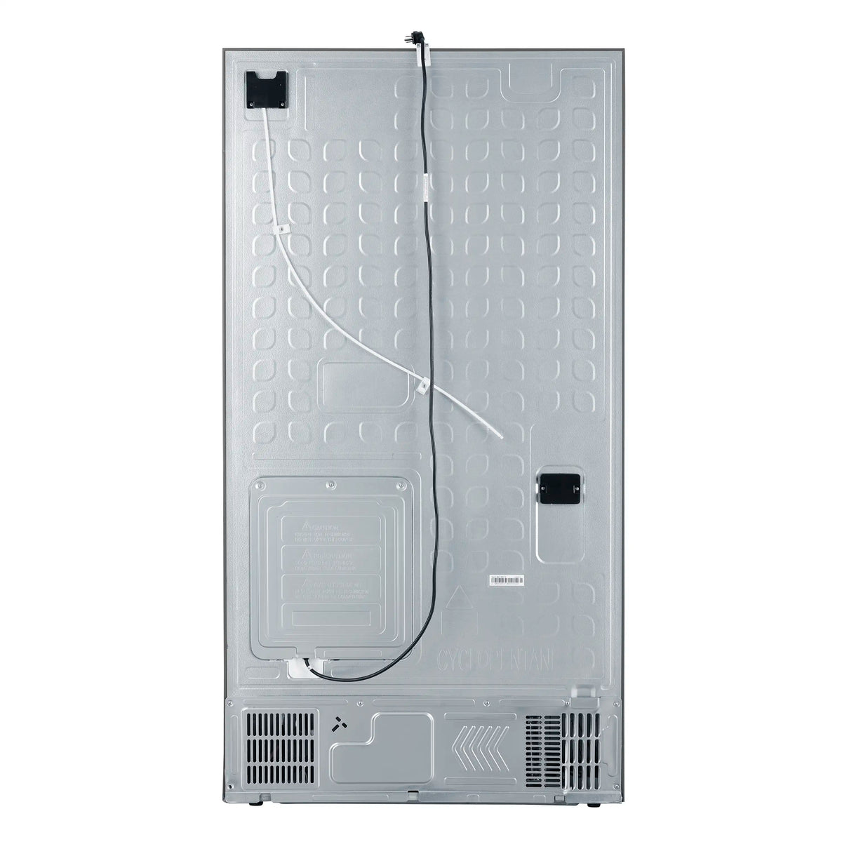 Open French door refrigerator showing interior panels and ice-water dispenser area