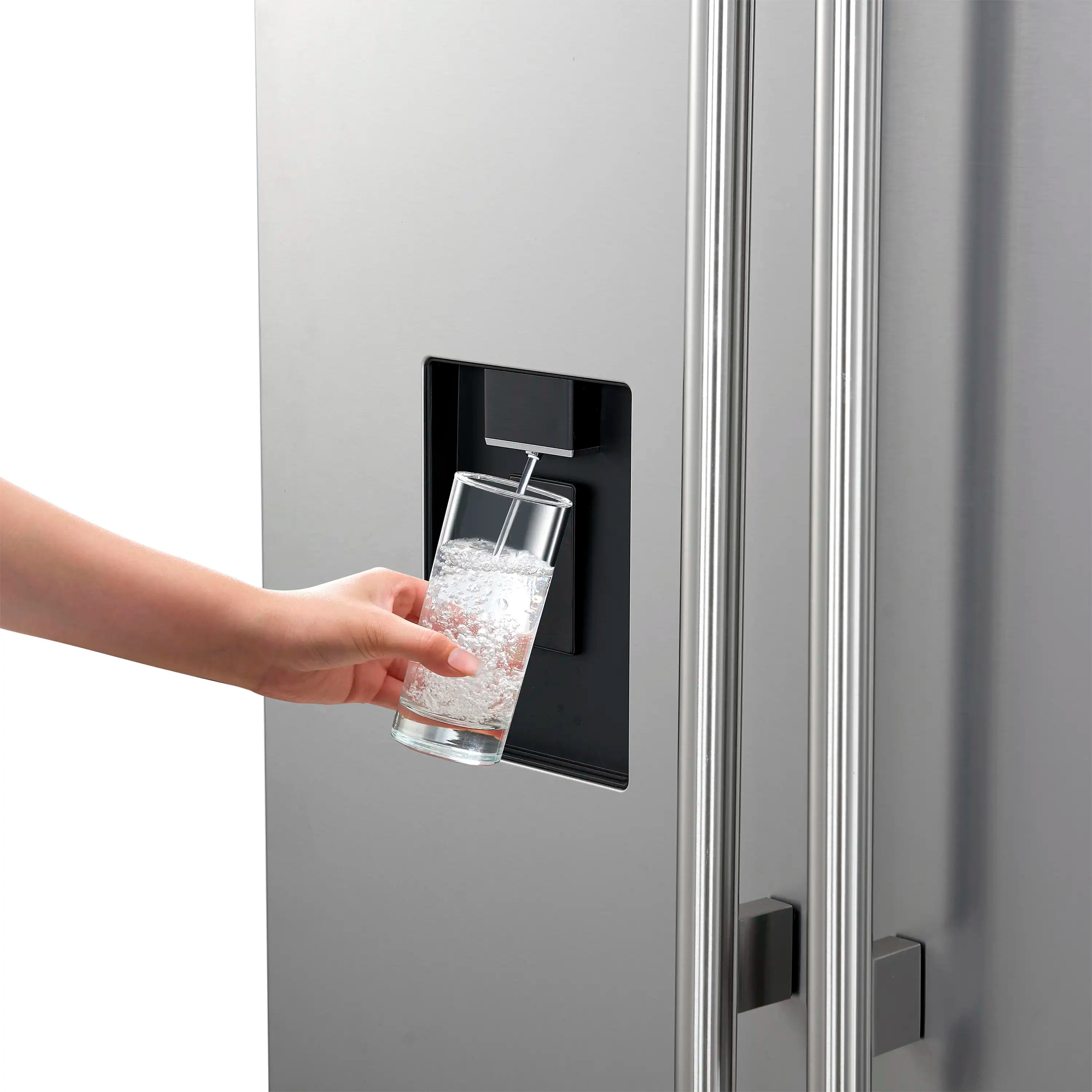French door refrigerator water dispenser with hand pouring ice water into a glass