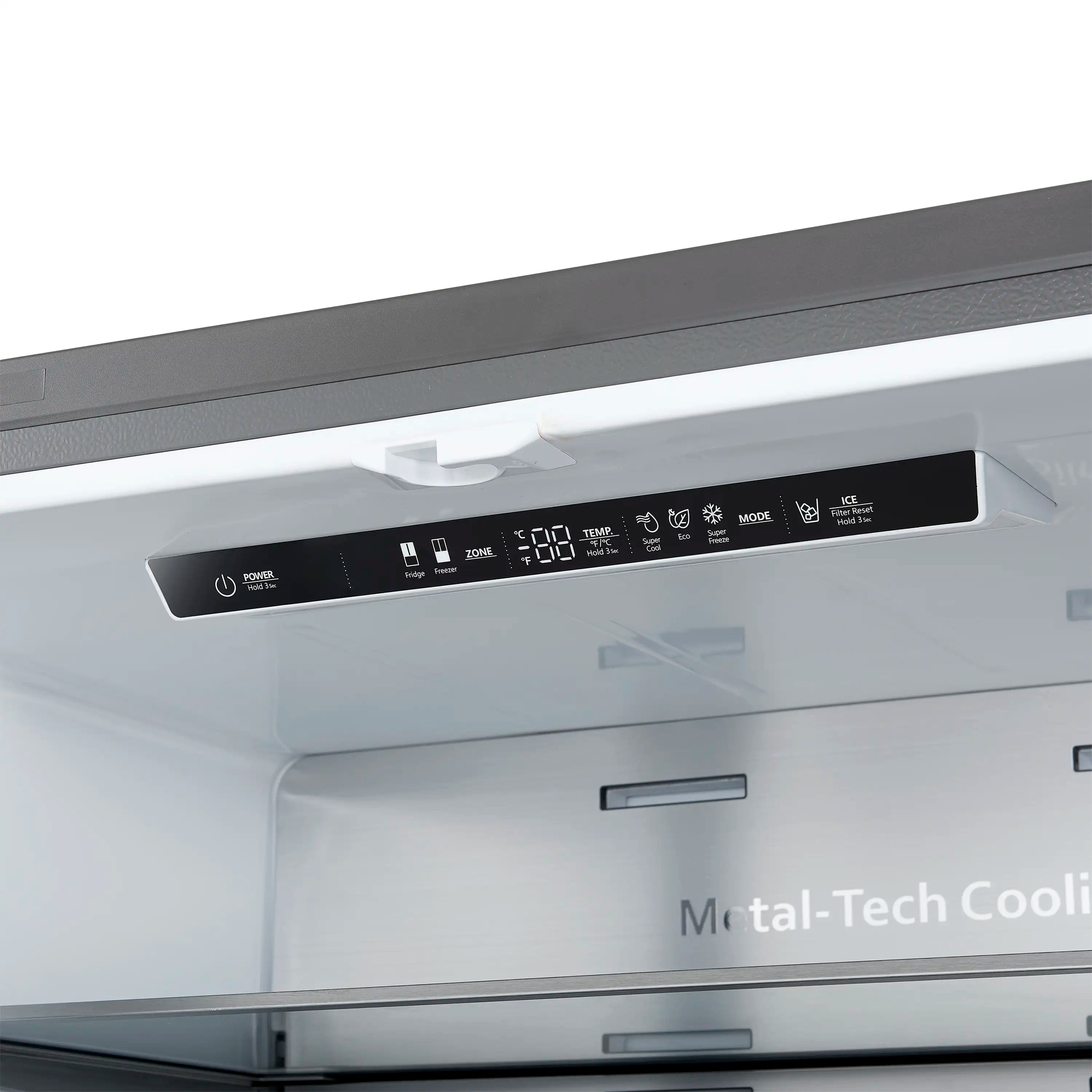Stainless French door refrigerator freezer control panel with icons and temperature settings