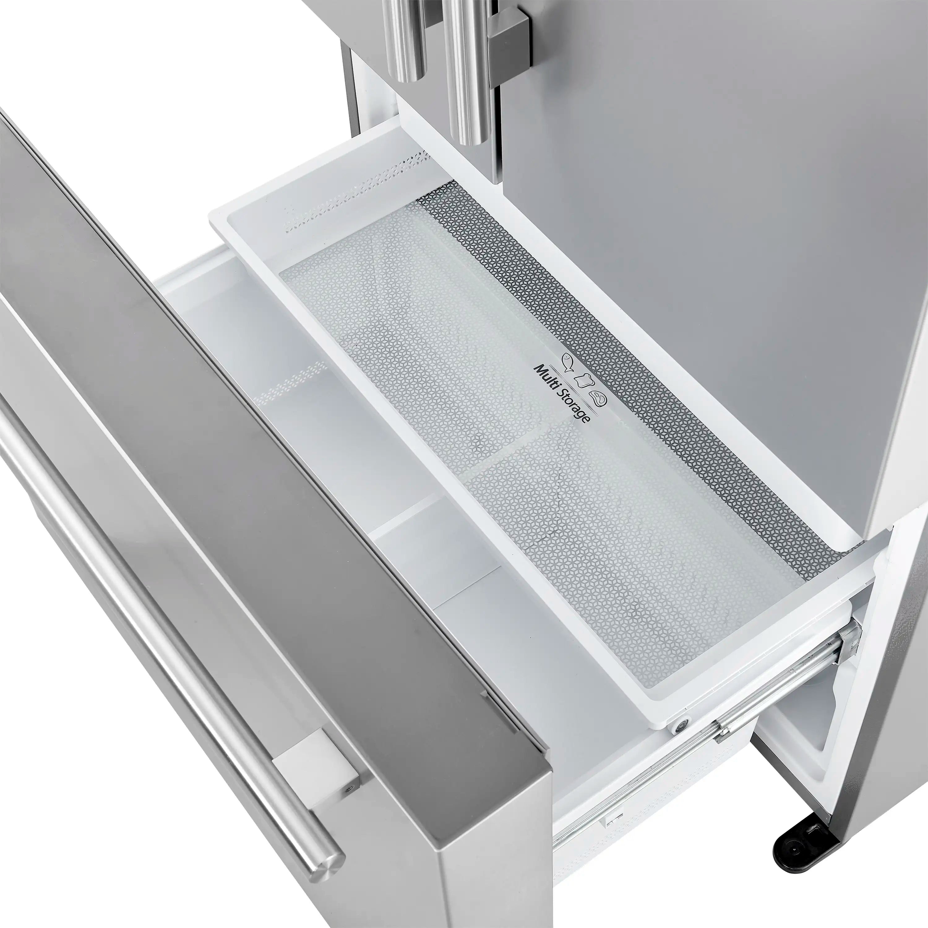 Pull-out freezer bin with mesh tray liner and top access chute in stainless refrigerator