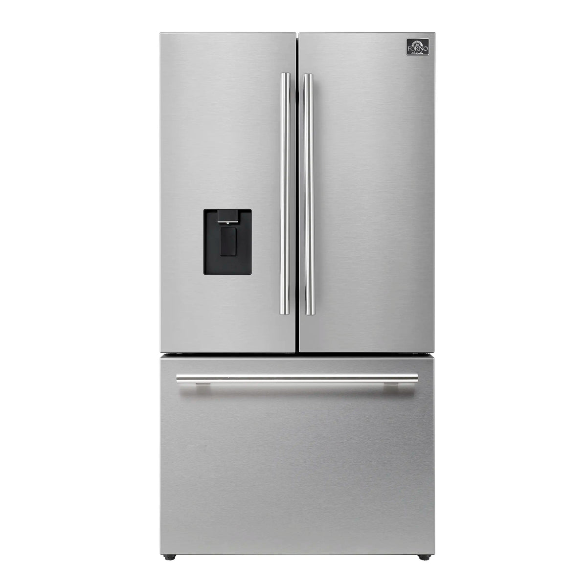 Stainless French door refrigerator with external water dispenser and double-door handles