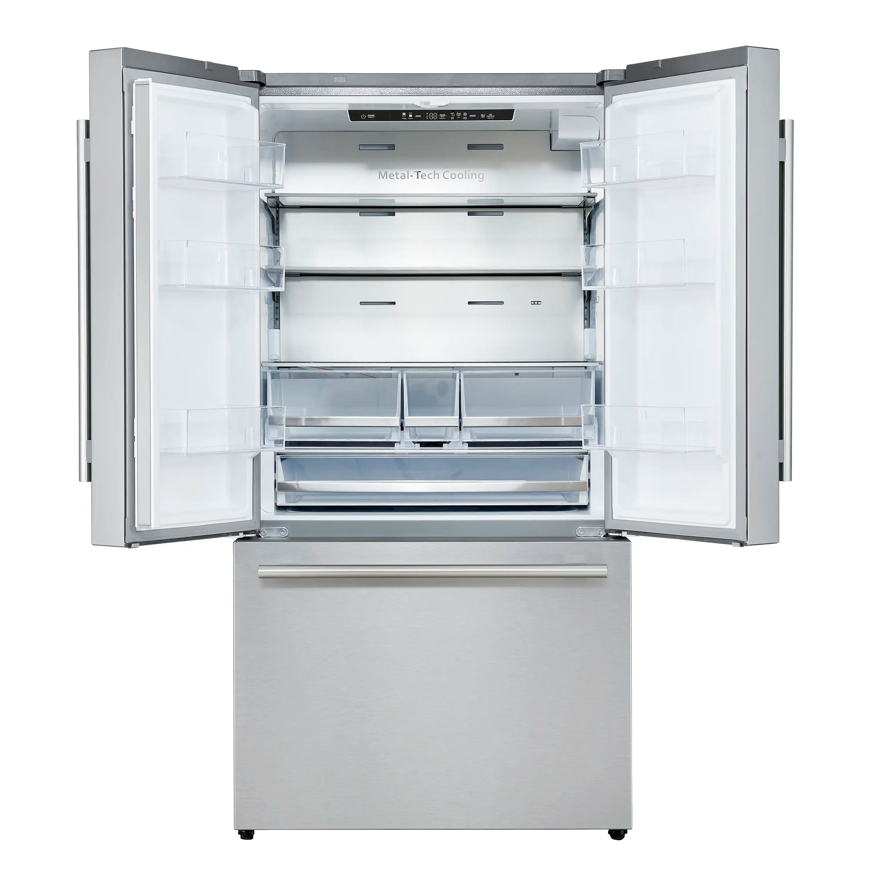 Open French door refrigerator showing interior shelves and multiple pull-out drawers