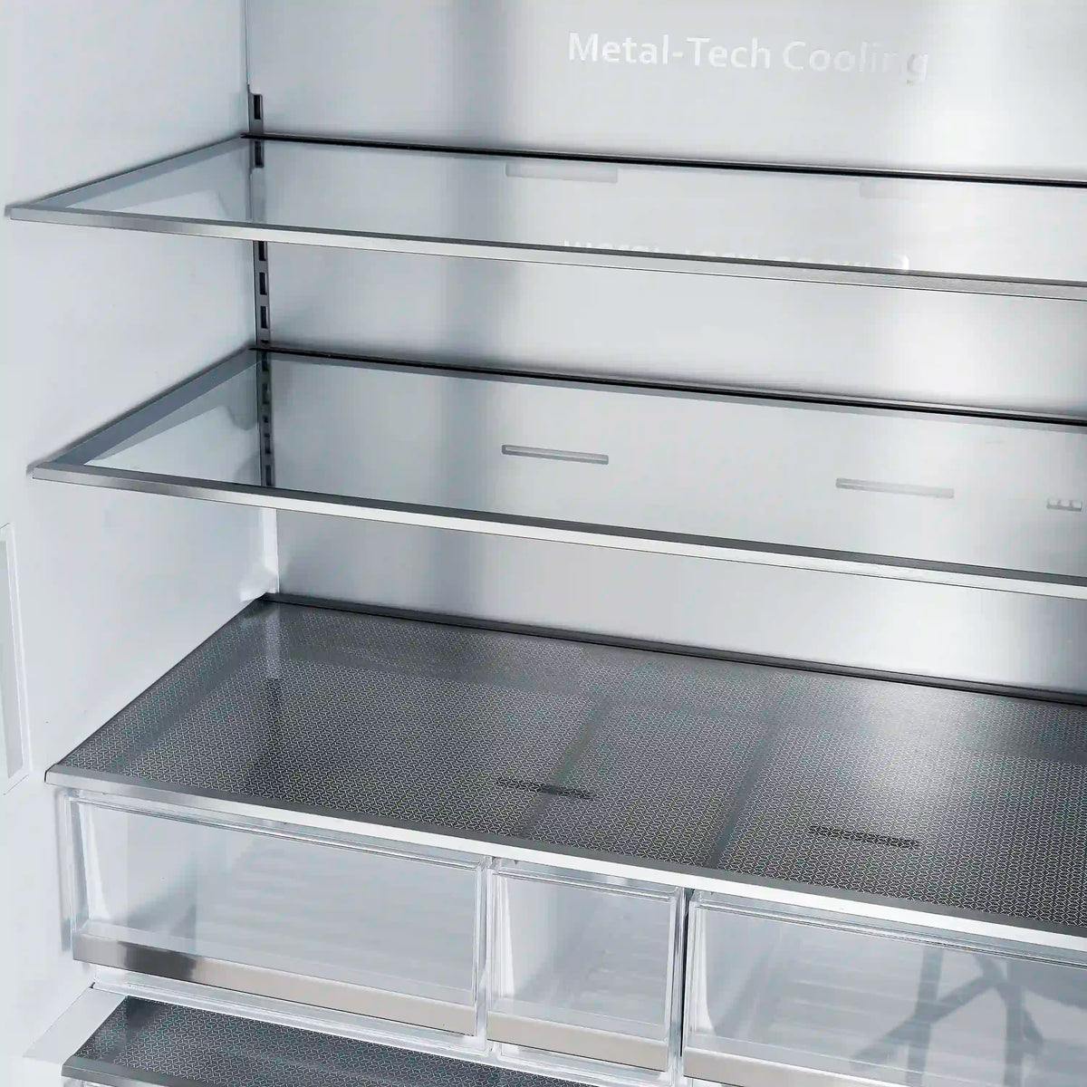 Freezer ice storage tray with dark mesh surface and clear pull-out bin fronts