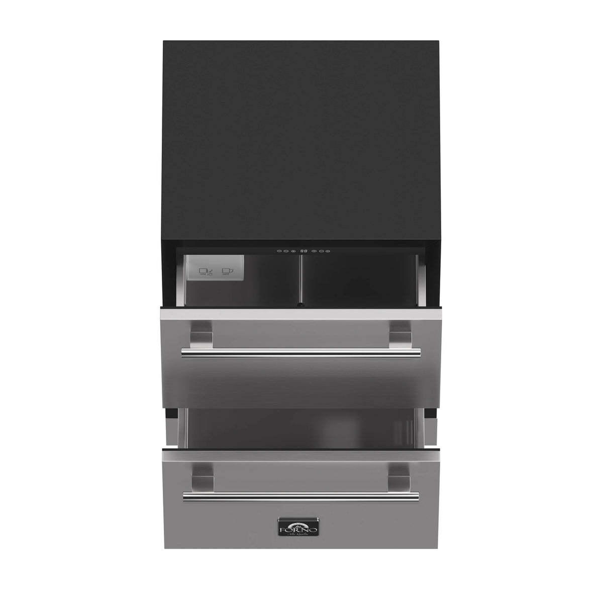 Stainless steel built-in drawer freezer with black panel and ice maker controls