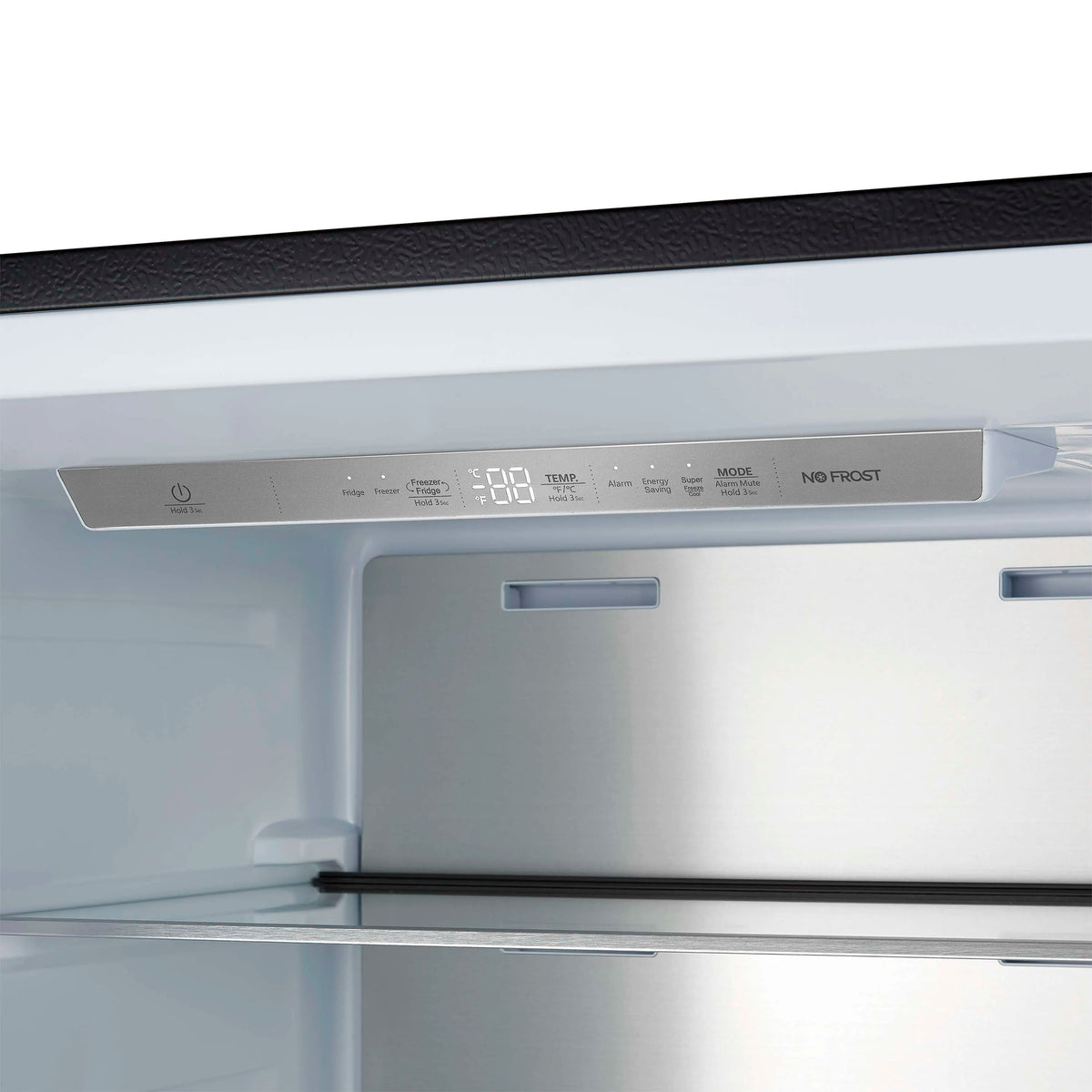 Refrigerator control panel close-up with digital temperature and options