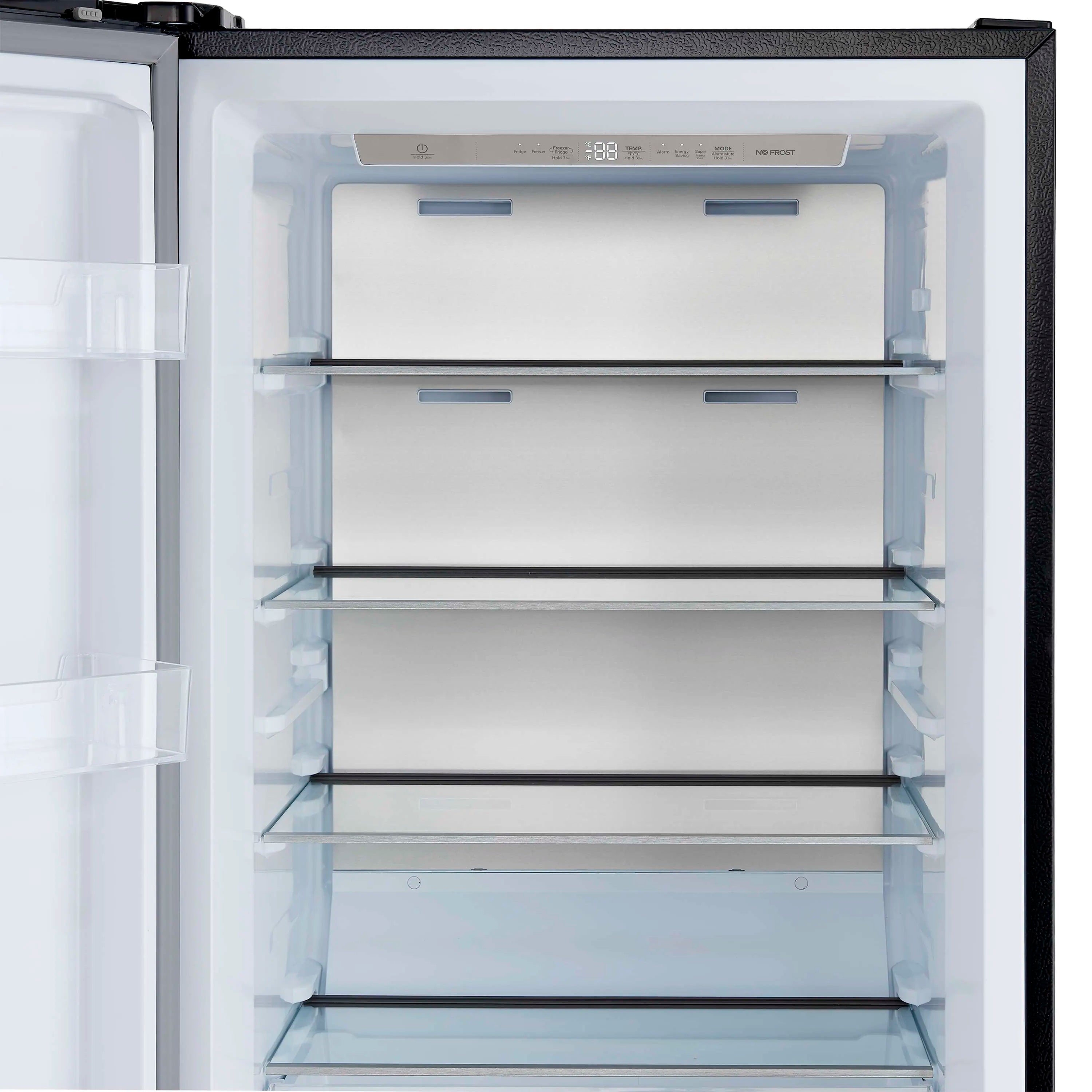 Refrigerator interior view with top control panel and multiple glass shelves