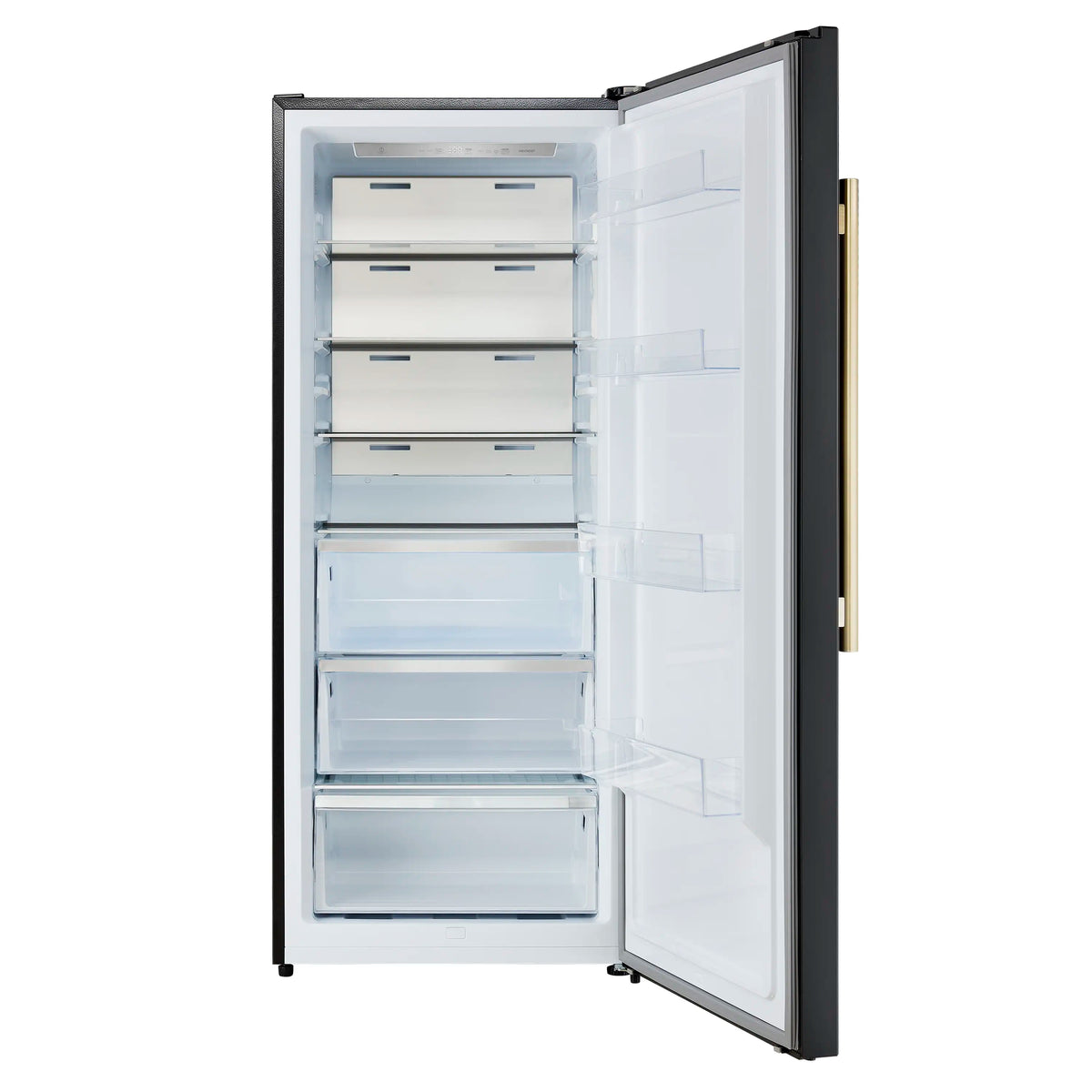 Black upright freezer/refrigerator with door open, white shelves and antique brass handle