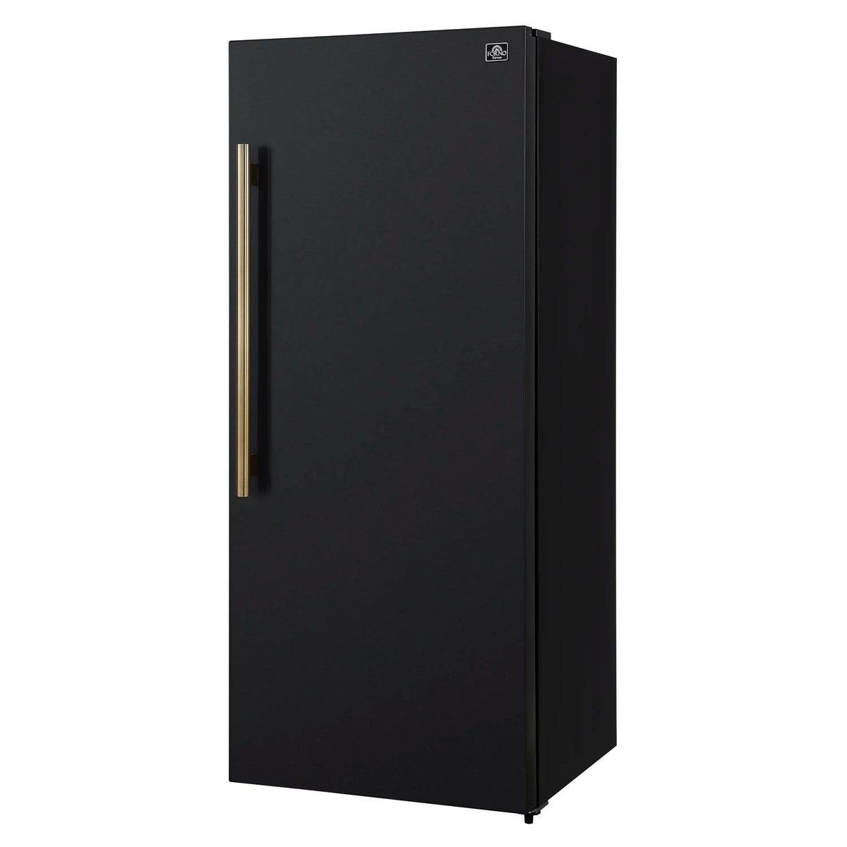 Black upright freezer/refrigerator with antique brass handle, side view of closed door