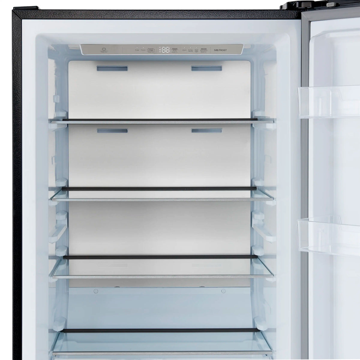 Black upright freezer/refrigerator interior with adjustable shelves and top controls
