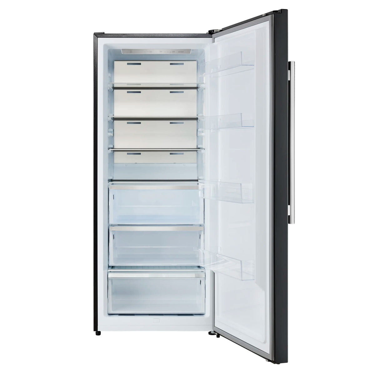 Black upright freezer/refrigerator with door open, white interior shelves and bins