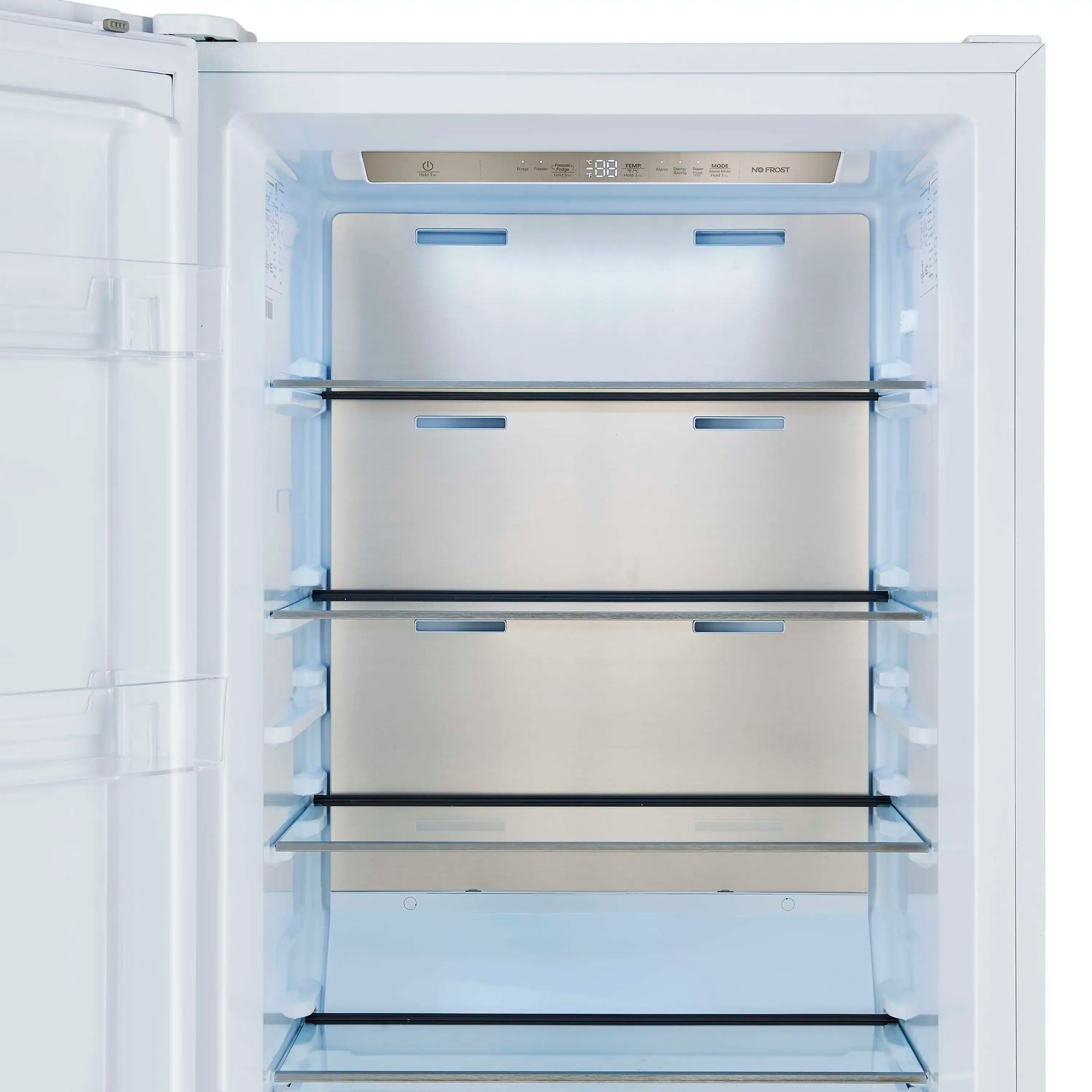 White refrigerator interior with glass shelves and top freezer area, door open.