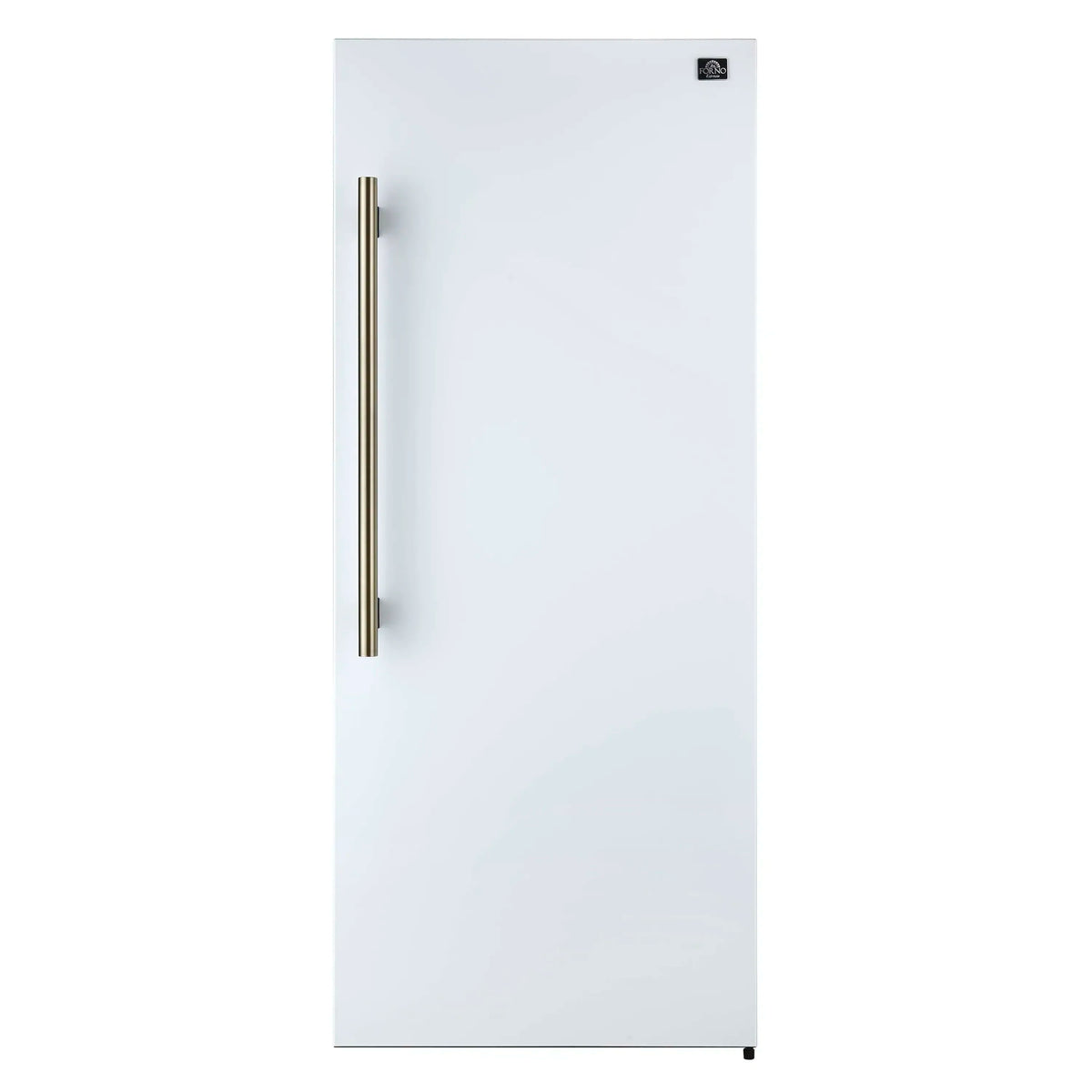 White built-in refrigerator/freezer door with tall antique brass bar handle