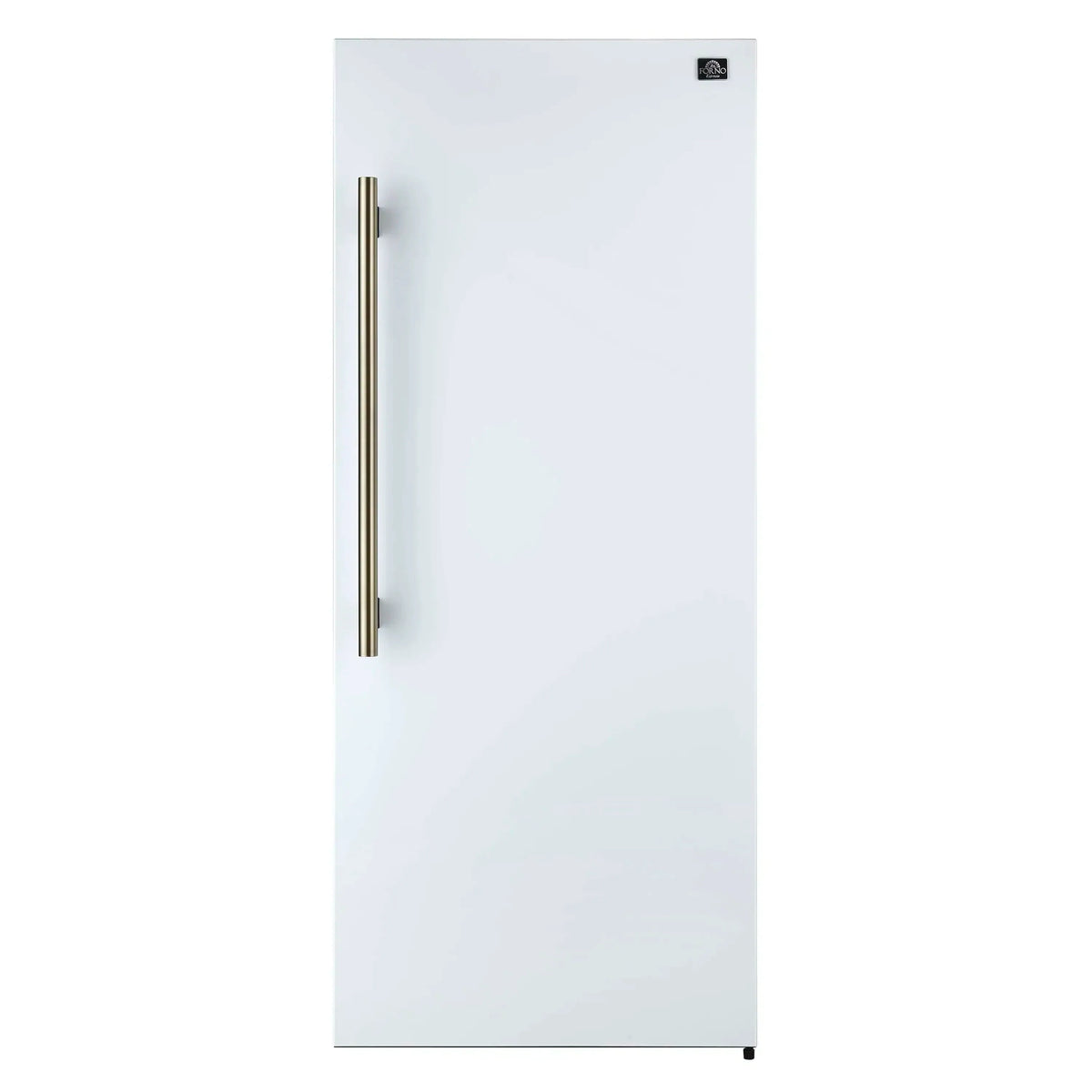 White refrigerator with vertical antique brass handle, angled front view