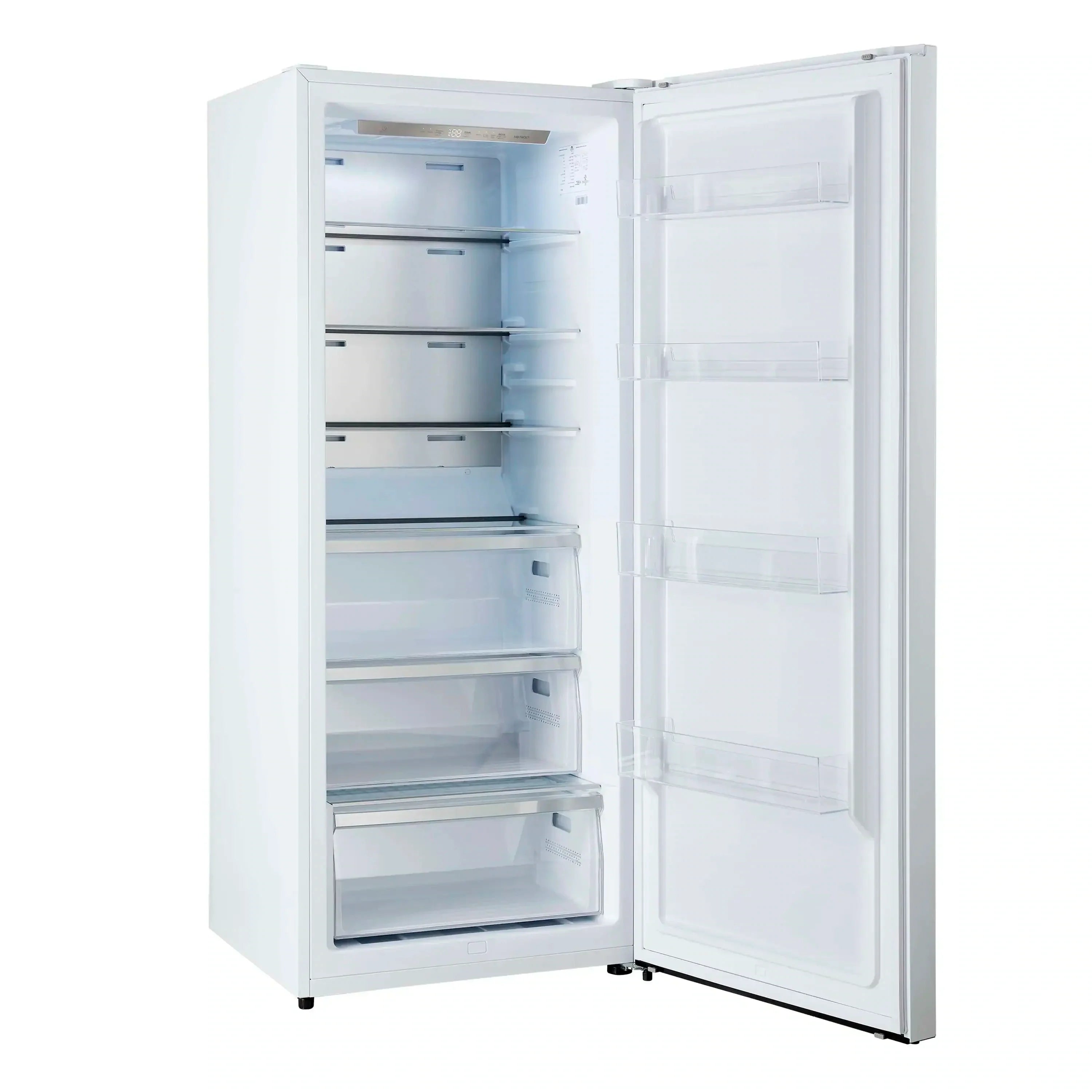 White refrigerator with doors open, interior shelves and crisper drawers