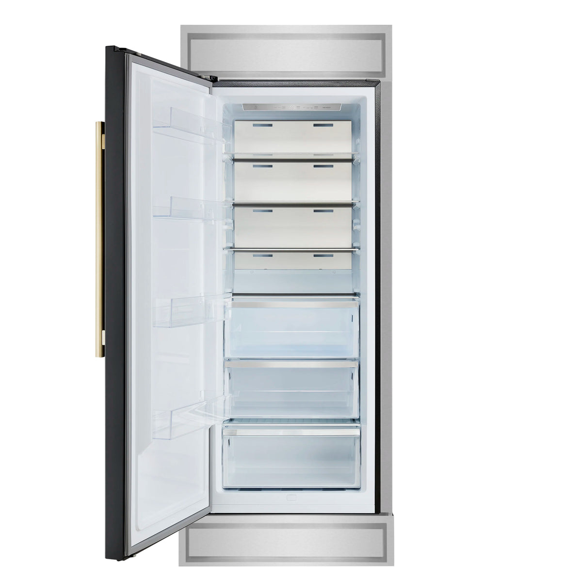 Built-in convertible refrigerator with open door, clear glass shelves, black exterior