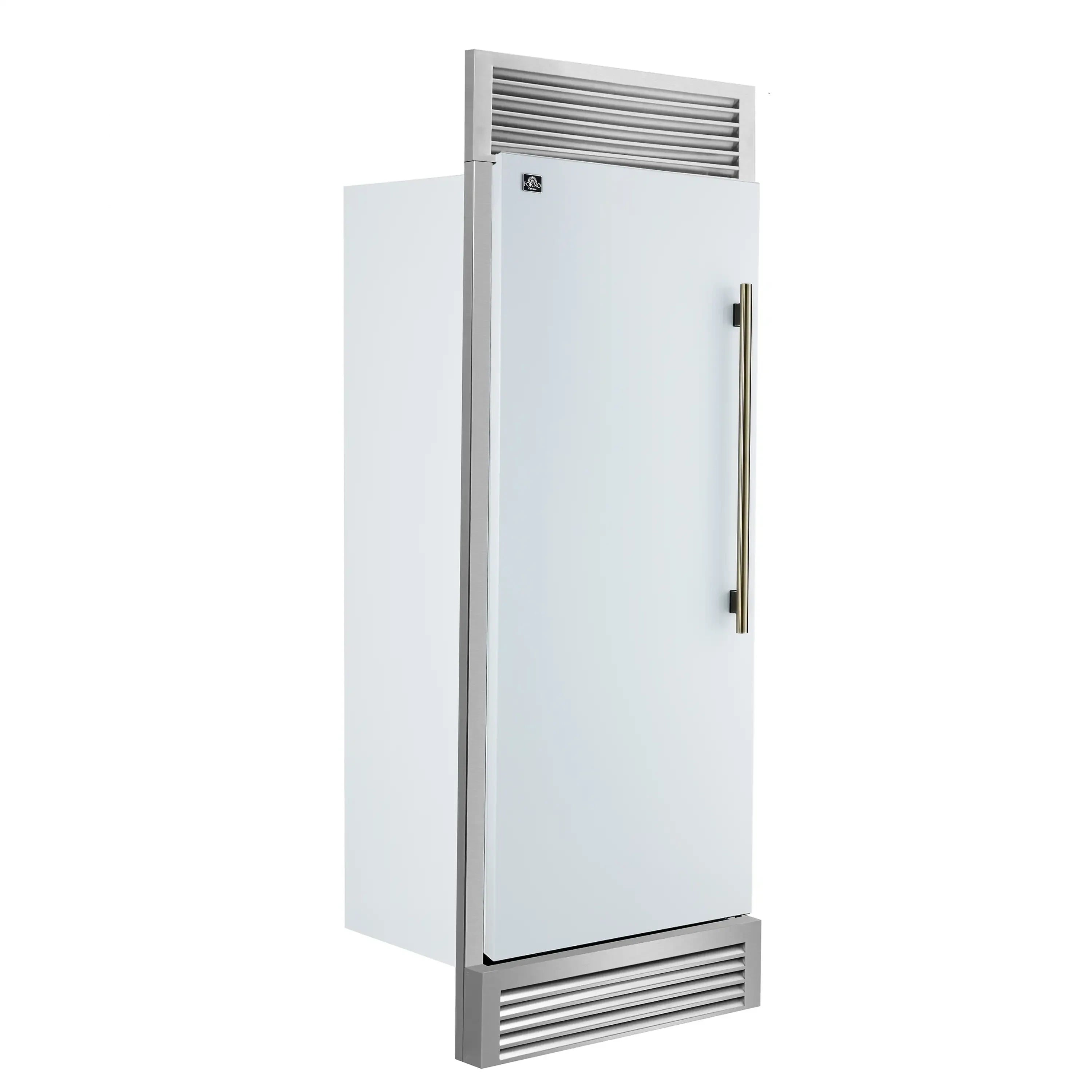 White built-in refrigerator with decorative grille and antique brass pull handle