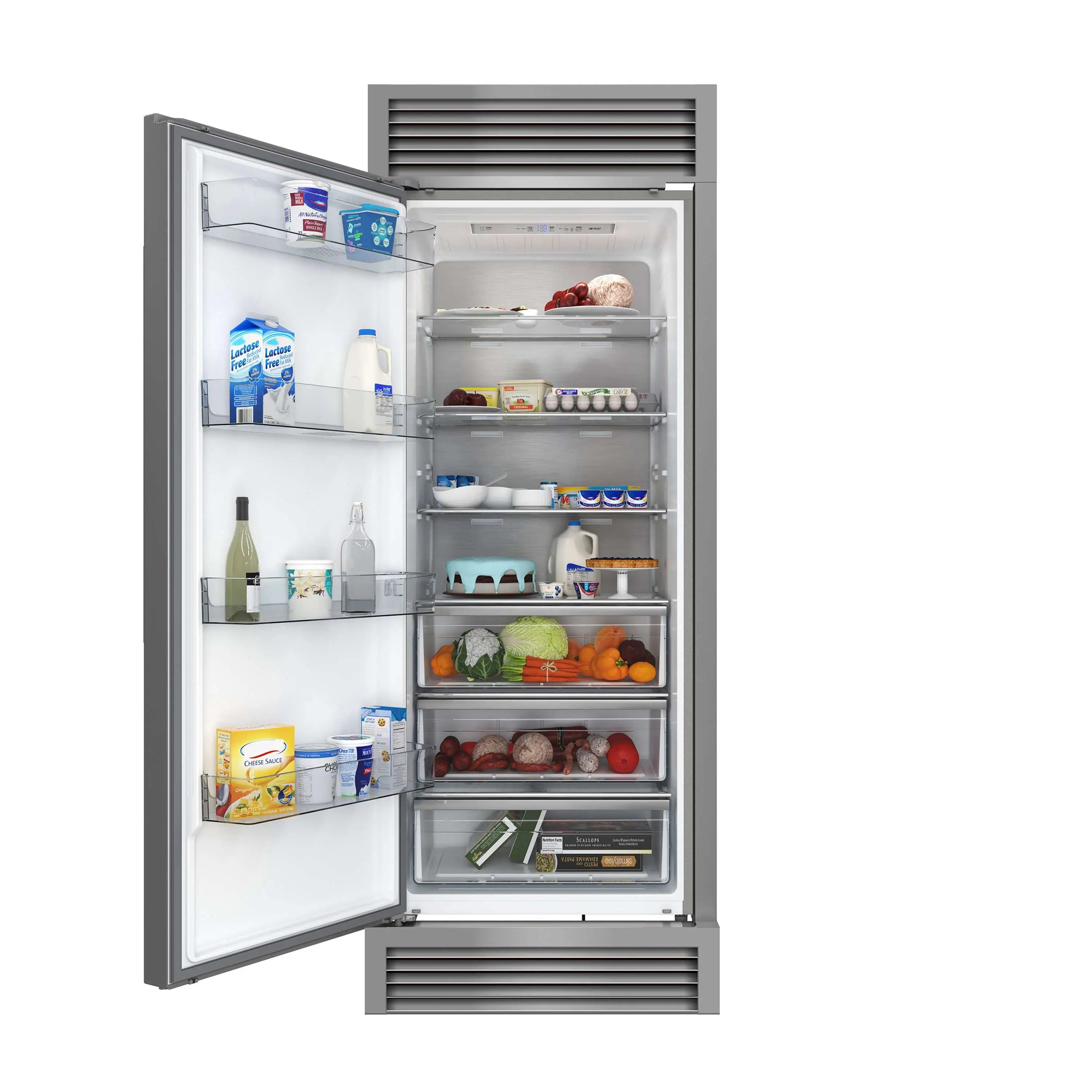 Built-in convertible refrigerator with both doors open and organized interior shelves
