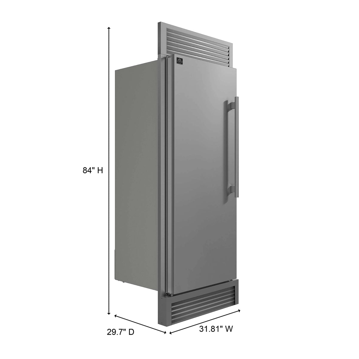 Built-in convertible refrigerator side profile shown with exterior dimensions
