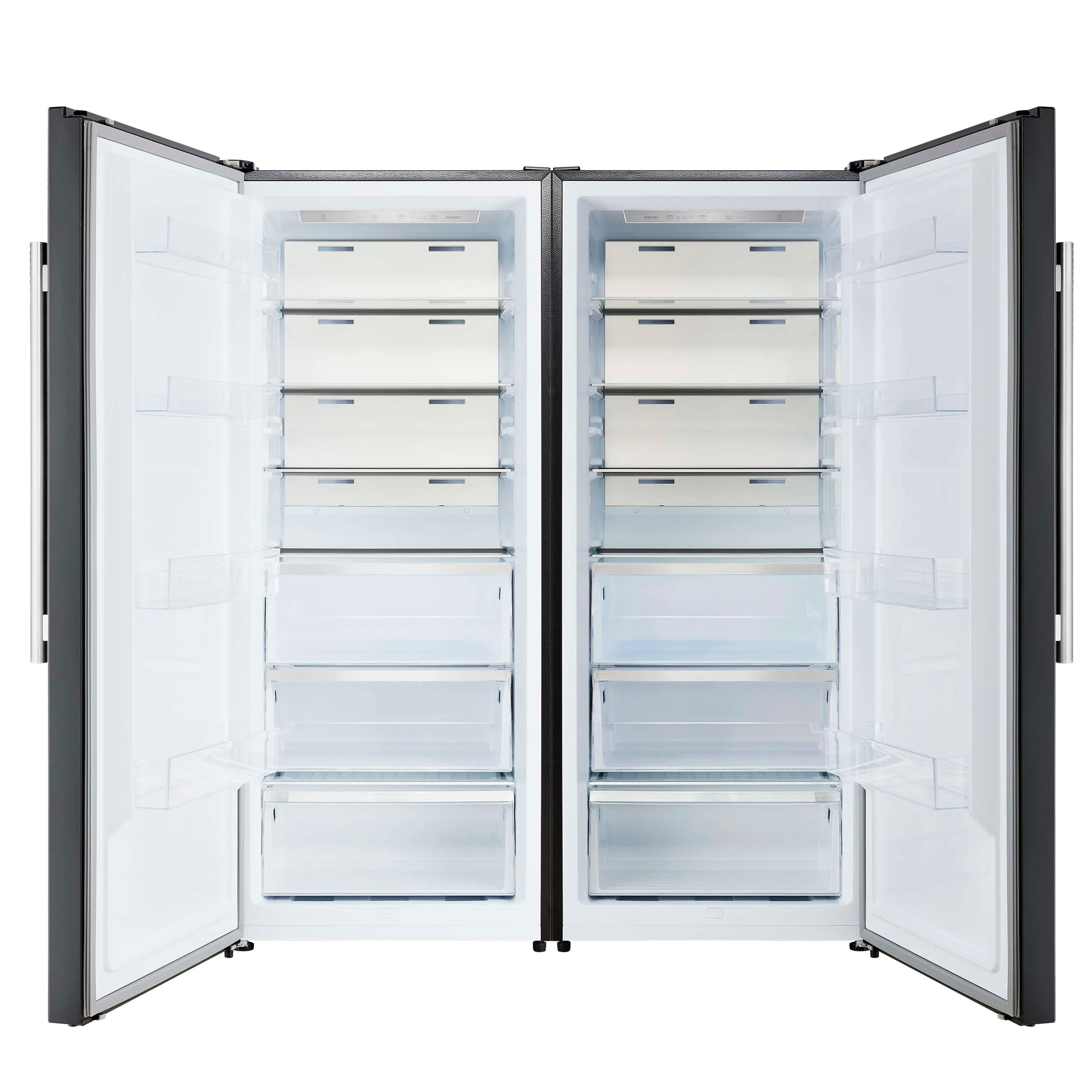 Black convertible refrigerator with two open doors and interior glass shelves