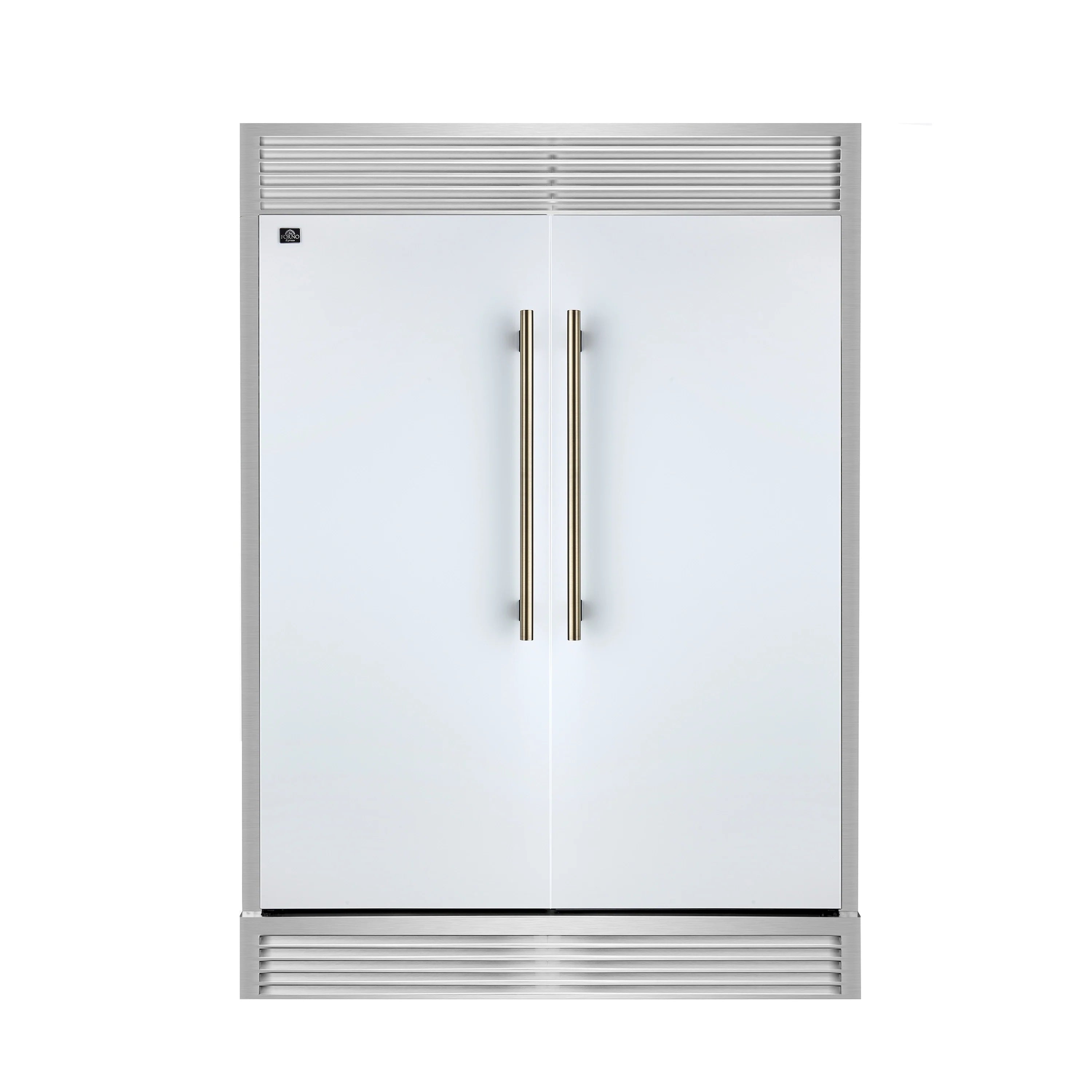 60-inch refrigerator, white door with vertical antique brass handles and top venting