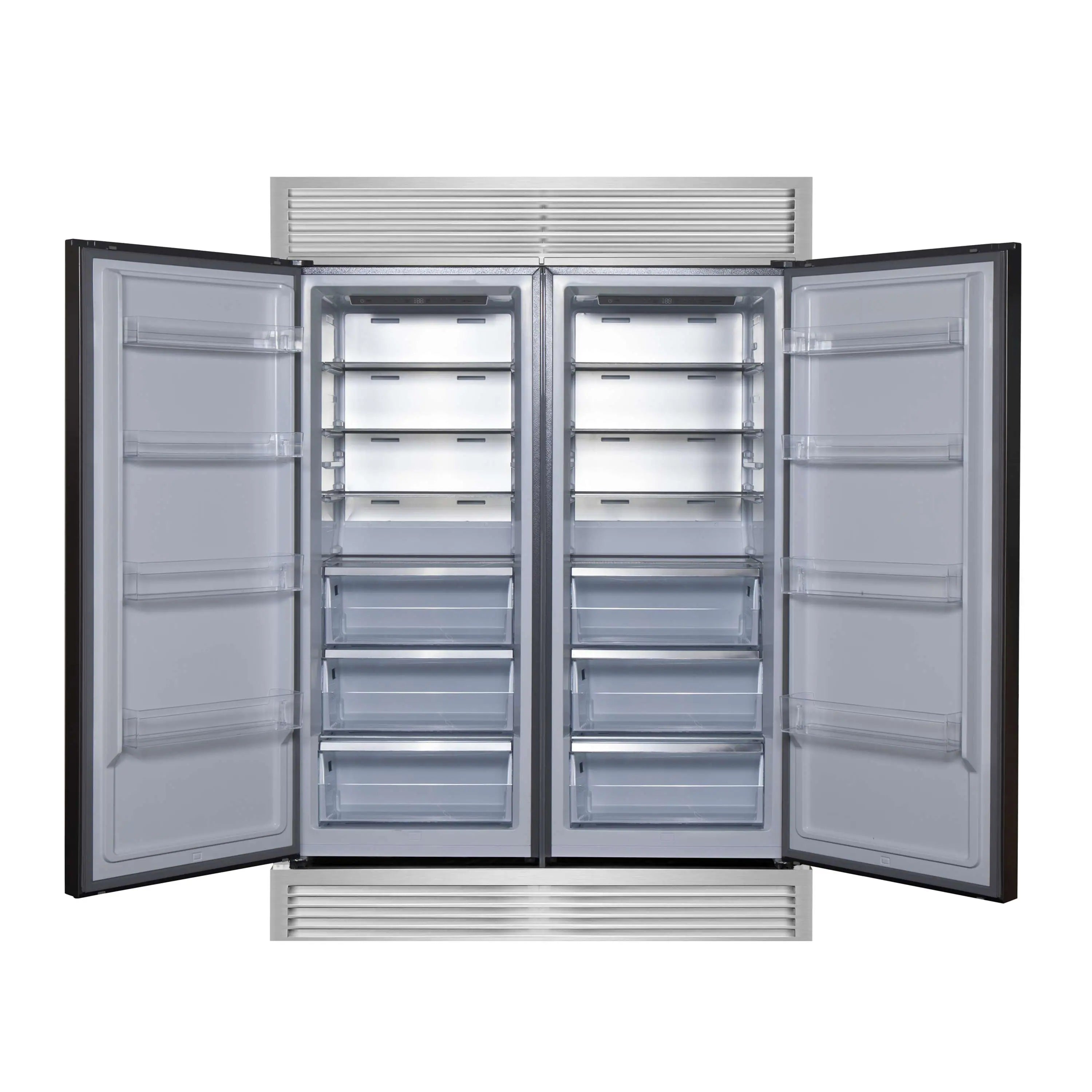 Built-in refrigerator with open dual doors showing multiple interior shelves in stainless steel
