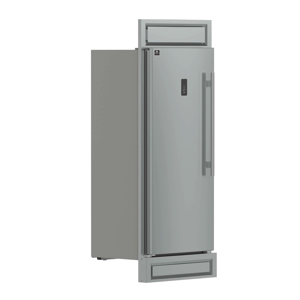 32-inch left-swing freezer with door partly open showing control panel and handle