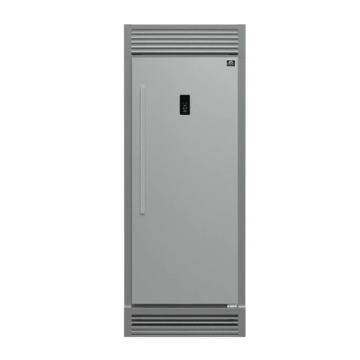 Stainless steel convertible refrigerator/freezer front exterior with vertical handle and vent grille