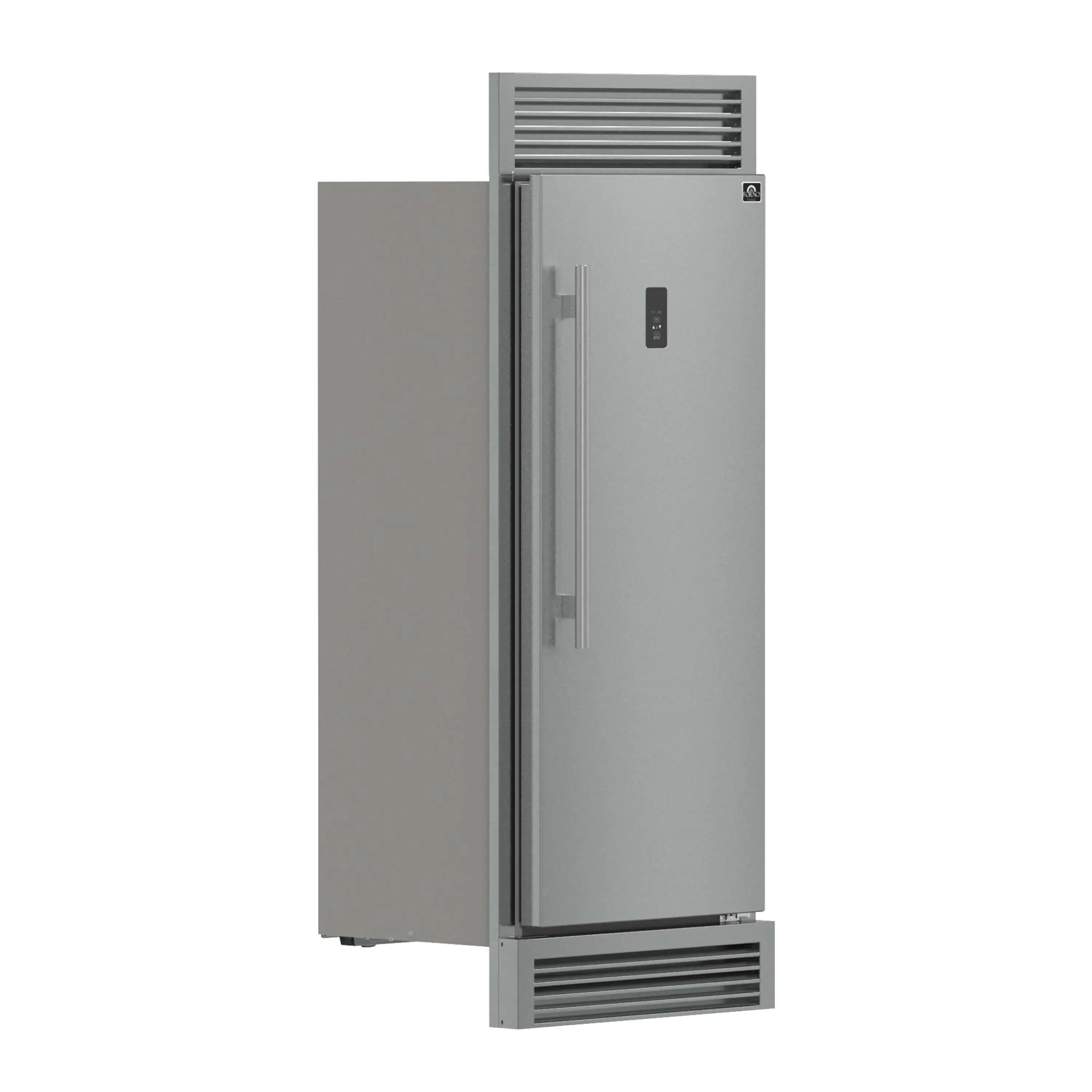 Stainless steel convertible refrigerator/freezer side exterior with vertical handle and grille