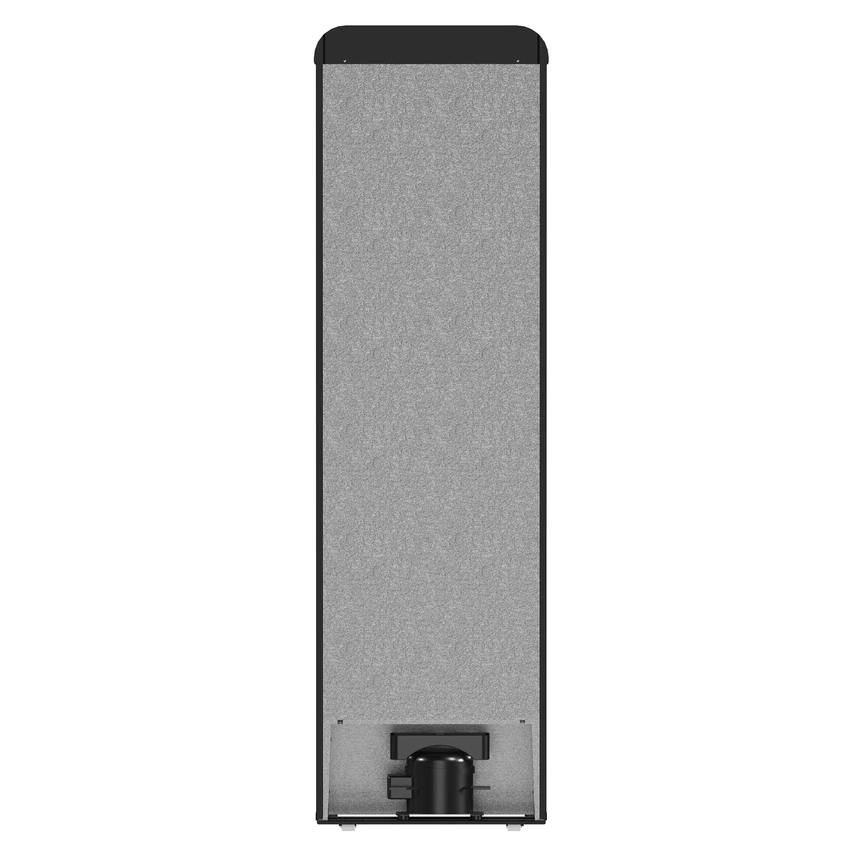 Black refrigerator rear panel view with compressor housing at bottom