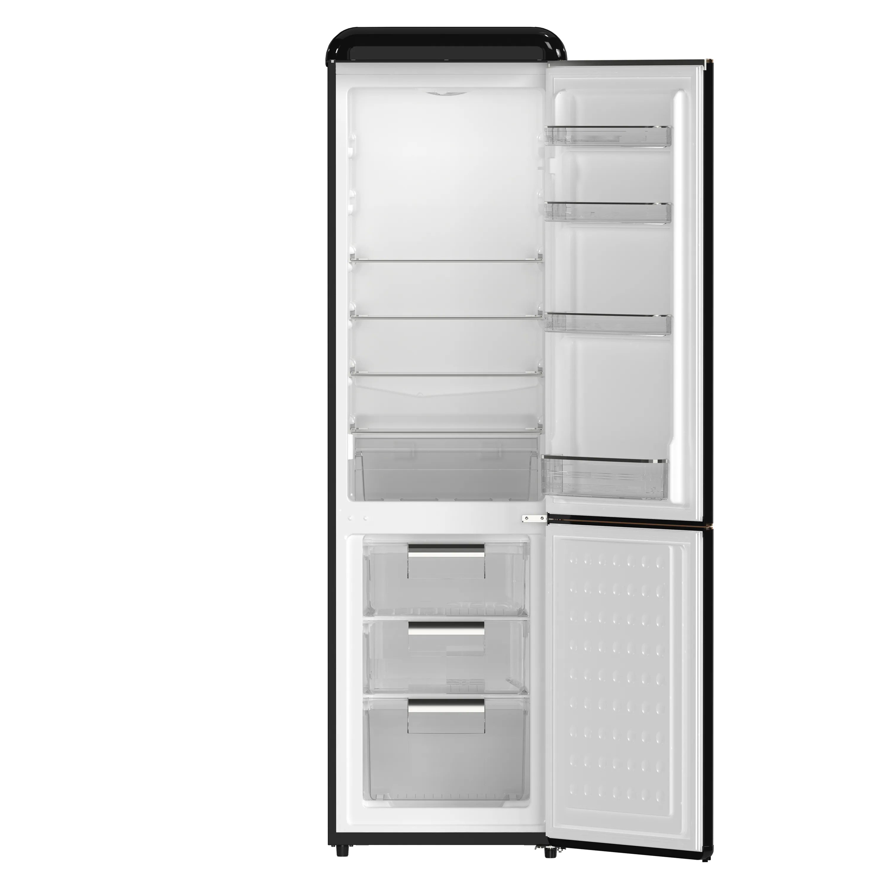 Black refrigerator with open doors showing white fridge shelves and bottom freezer drawers
