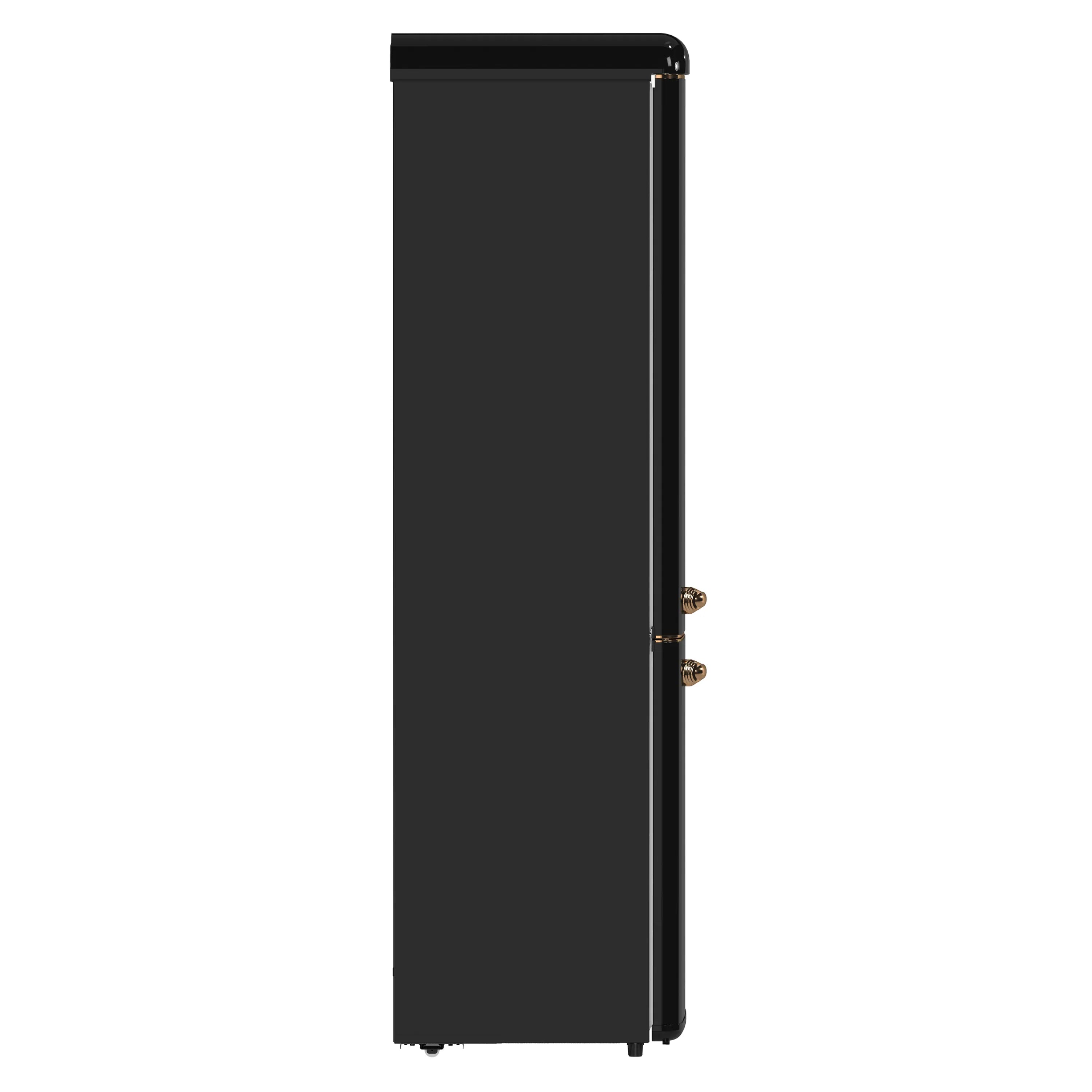 Black retro bottom-freezer refrigerator side view with copper-tone handle hardware