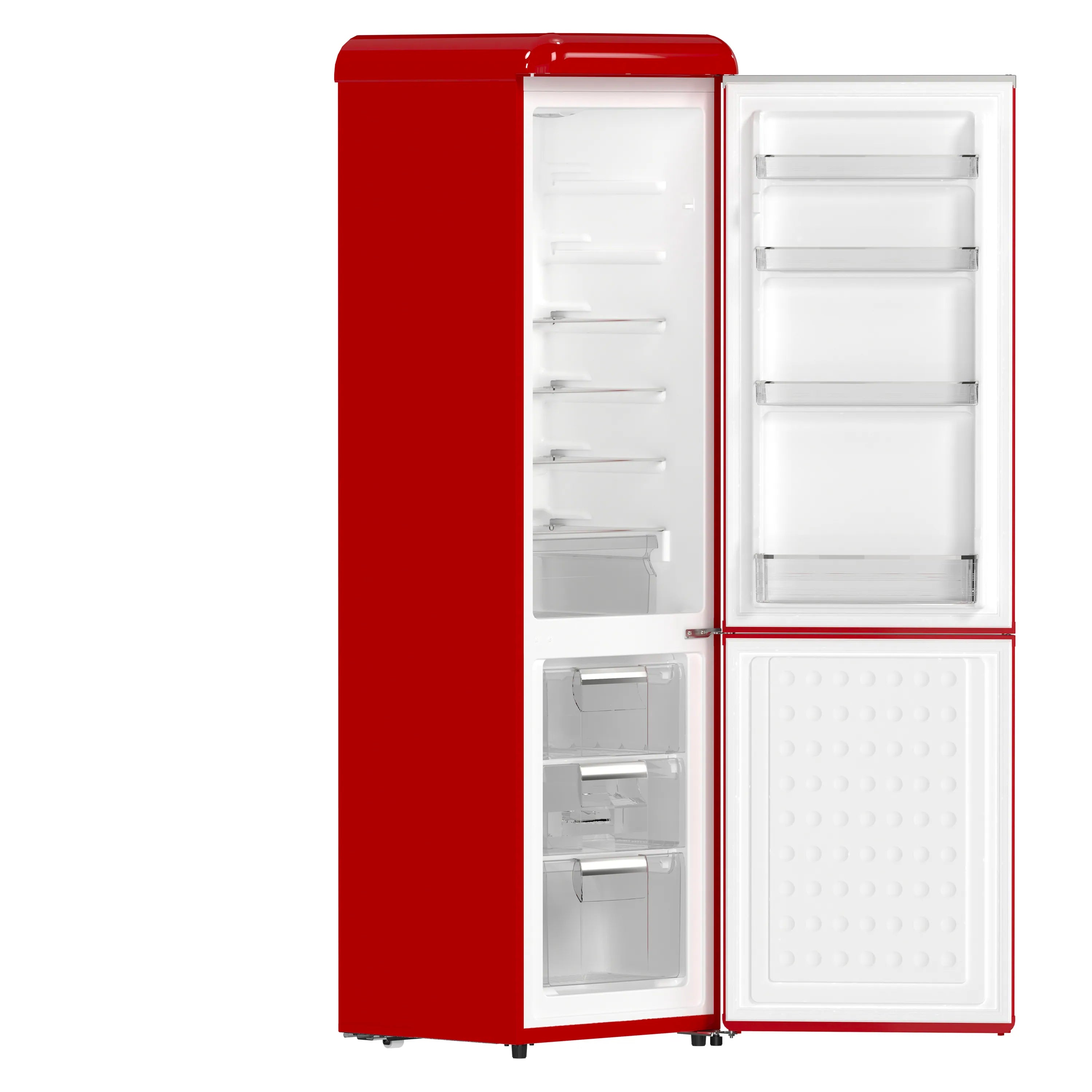 Red retro bottom-freezer refrigerator with open fridge and freezer doors, white storage bins
