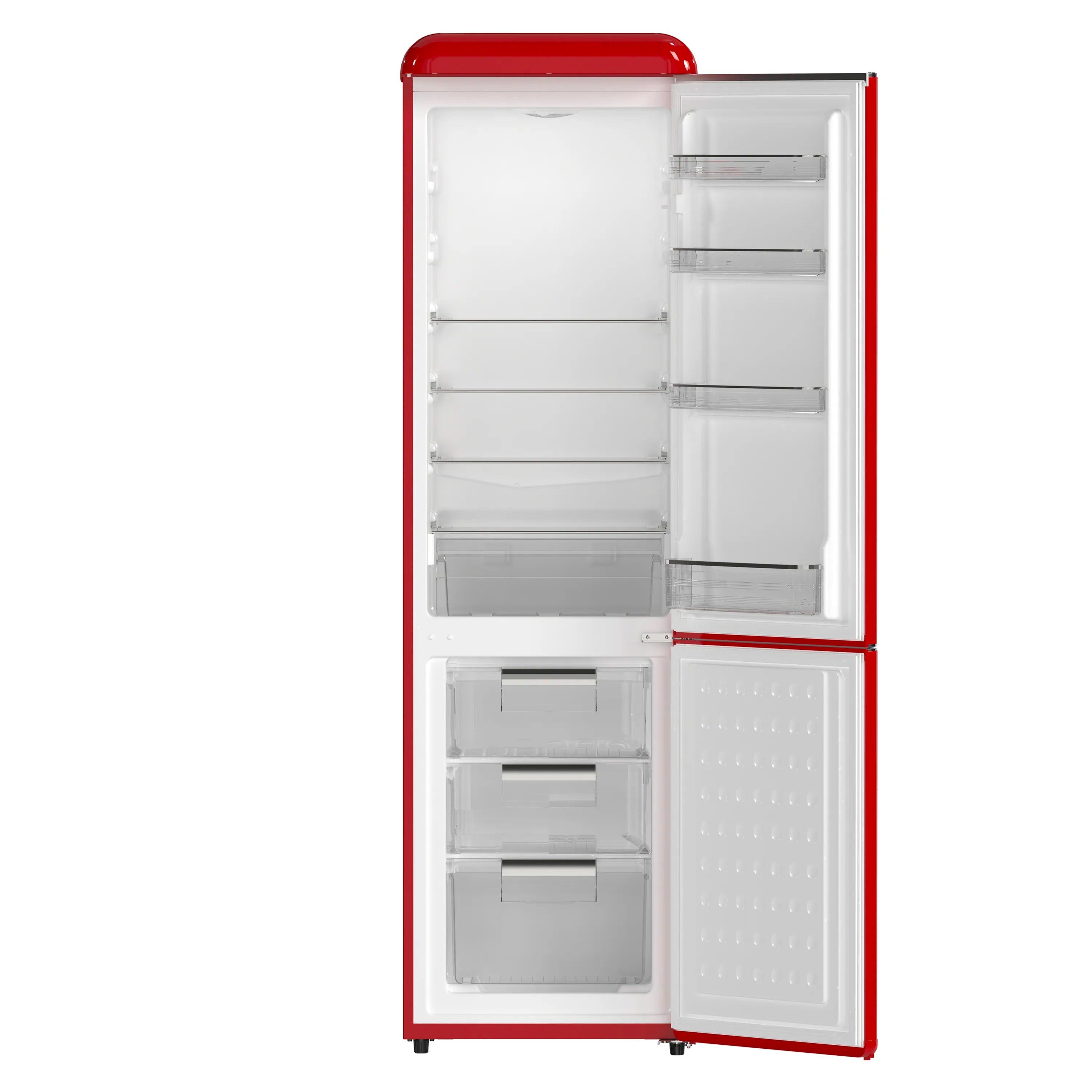 Red bottom-freezer refrigerator with open doors, white shelves, and freezer compartment