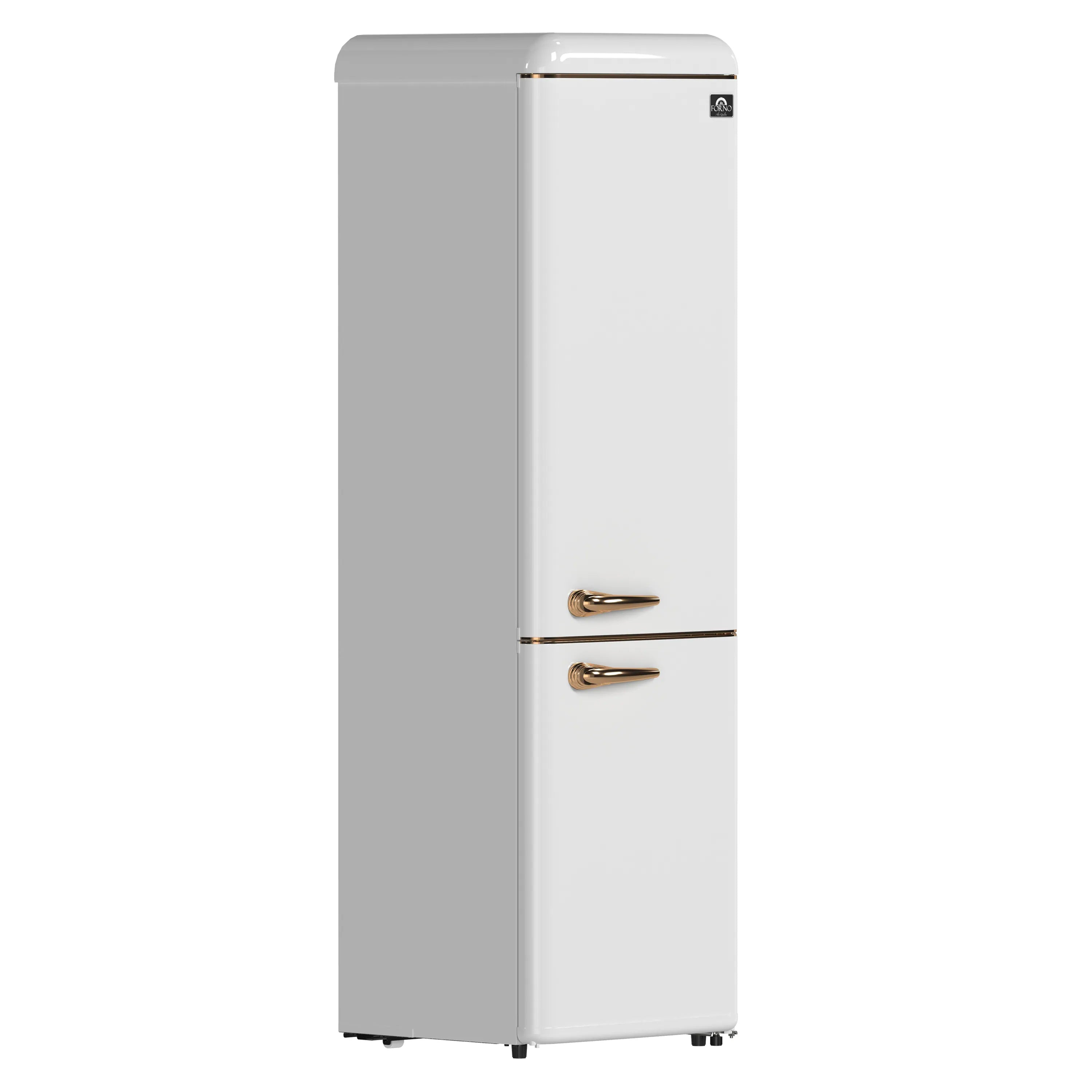 White retro bottom-freezer refrigerator side view with copper-tone bar handles