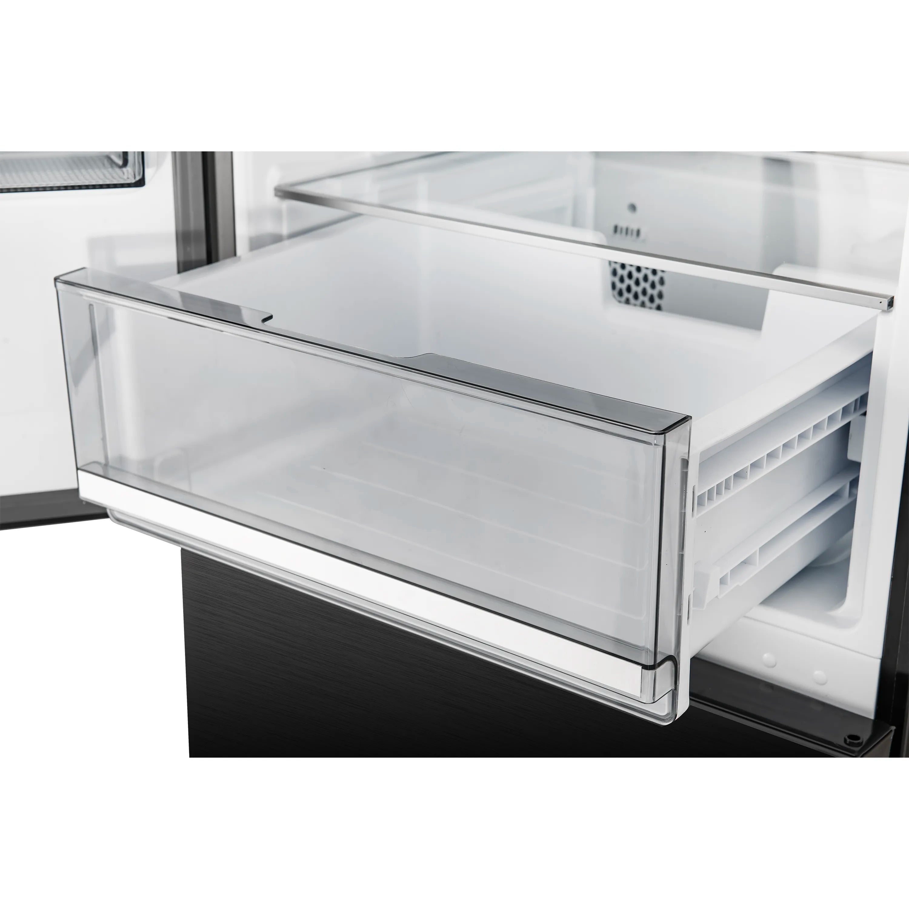 Bottom freezer refrigerator drawer with clear front and white interior
