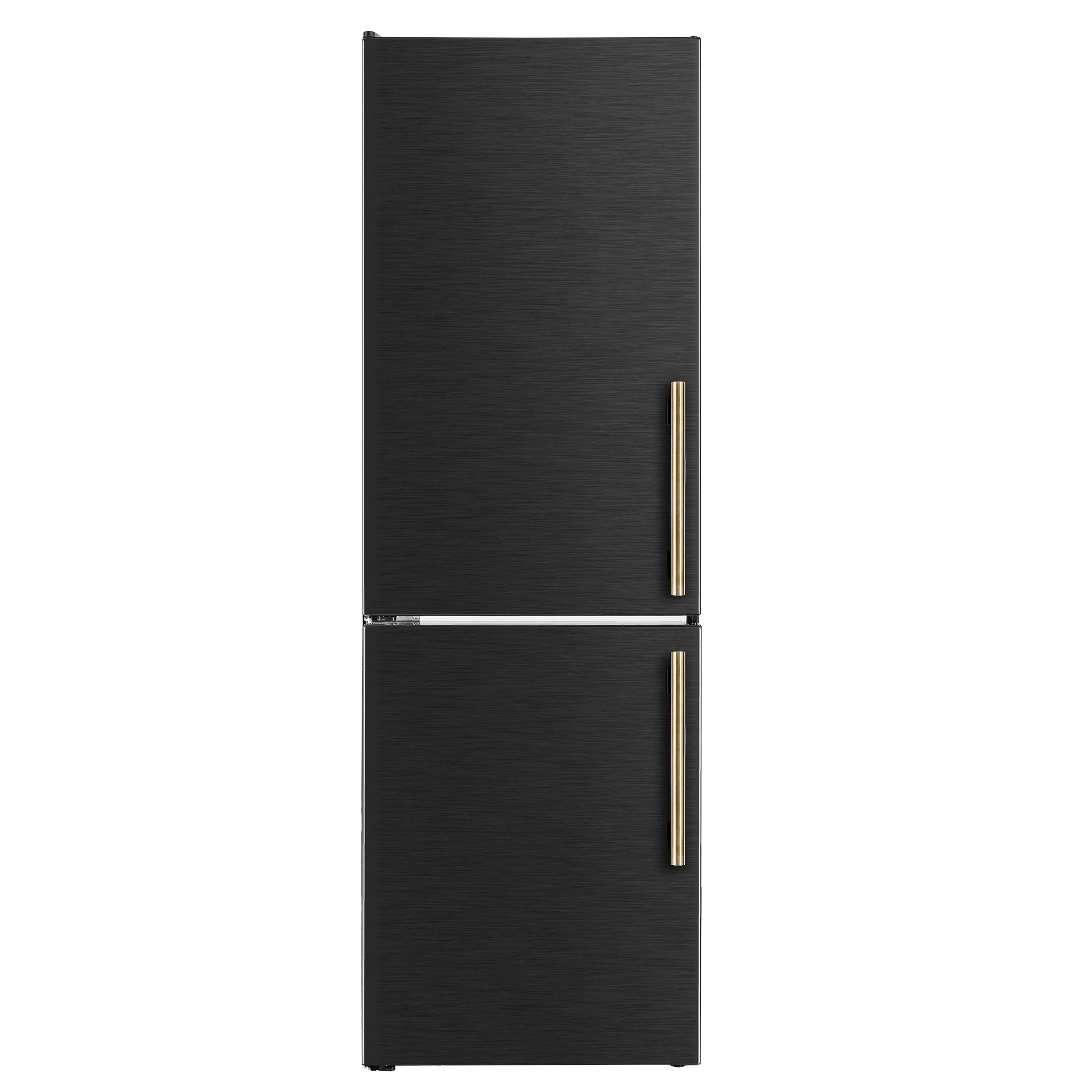 Black bottom freezer refrigerator with antique brass double door handles