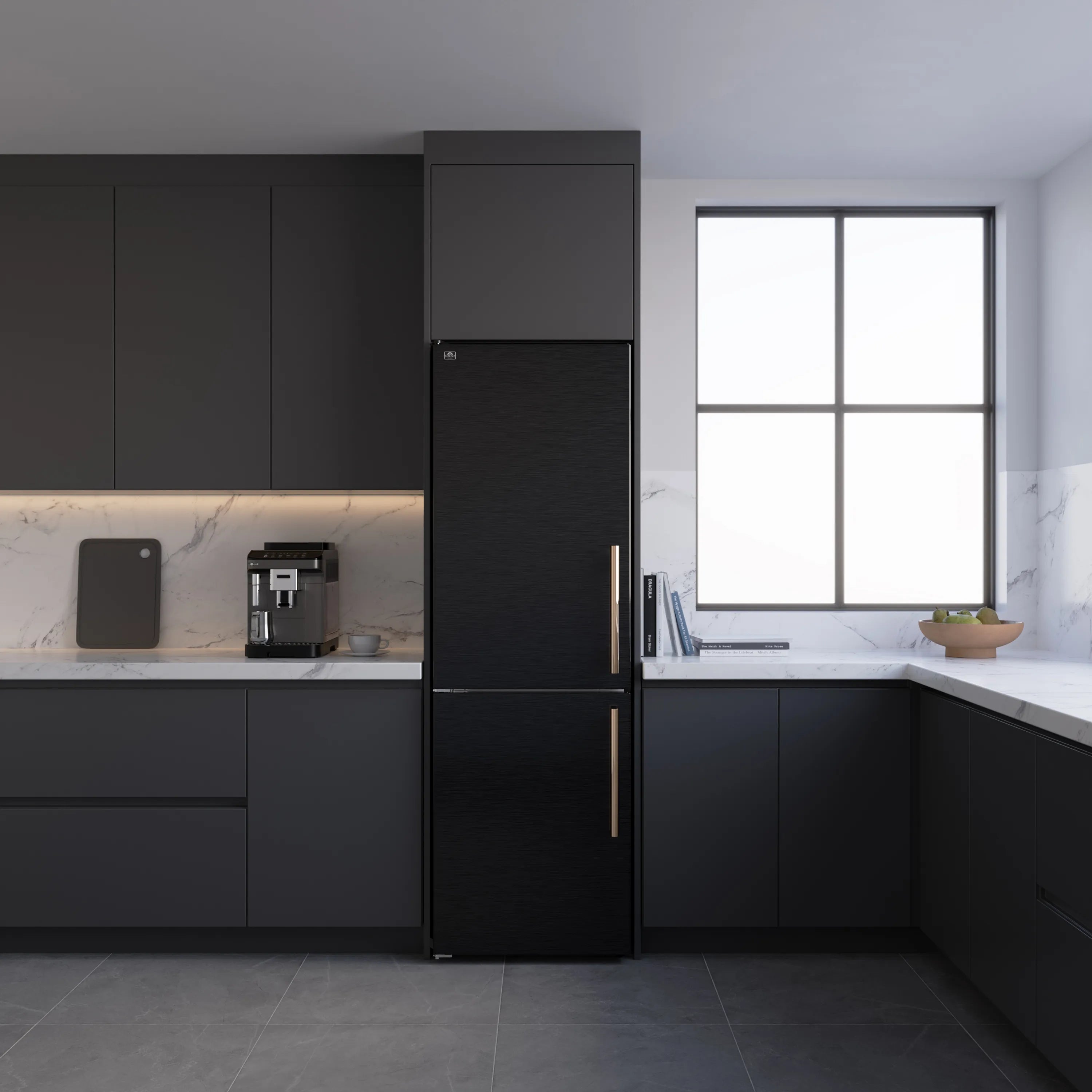 Black bottom freezer refrigerator with antique brass handle in a kitchen setting